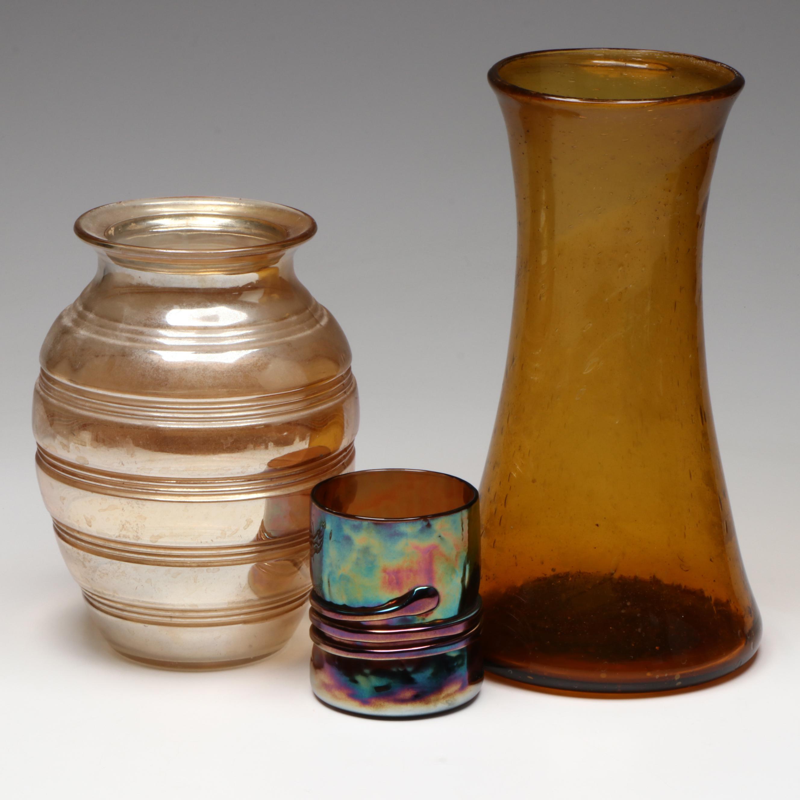 Esteban Prieto Glass Tumbler, Marigold Carnival Banded Glass & Amber Tall Vases