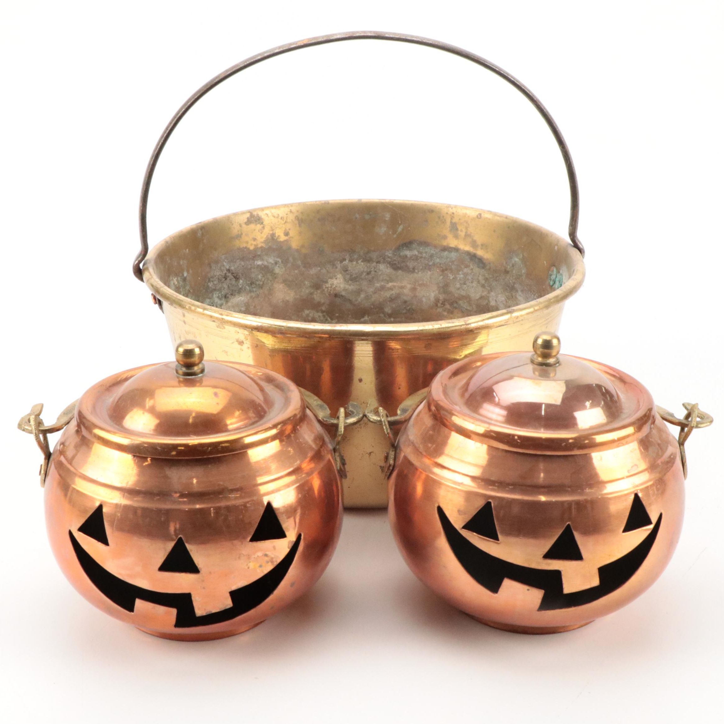 Halloween Jack-O-Lantern Copper Pot Candles with Antique Brass Cauldron