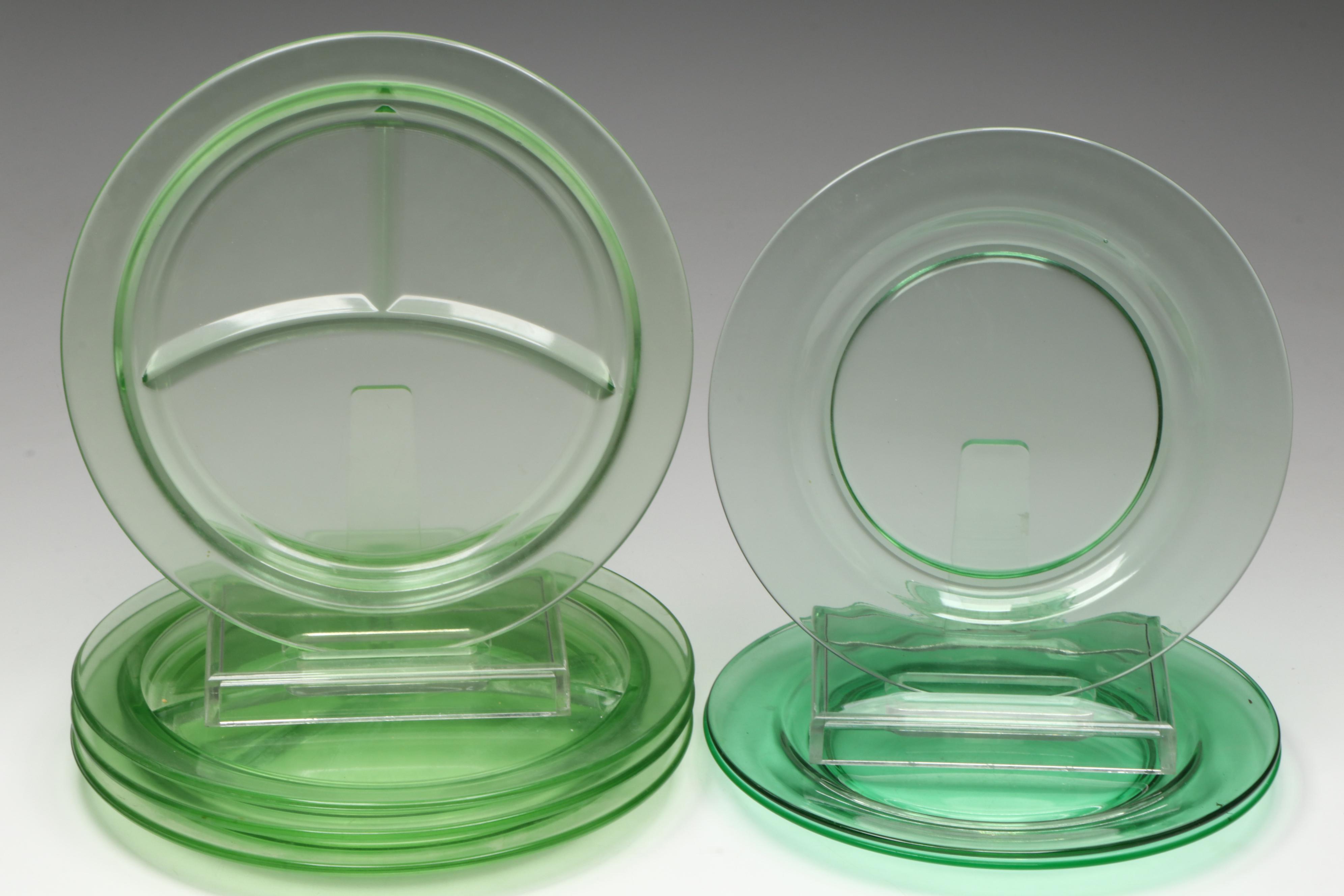 Fostoria Pioneer Light Green, More Uranium Glass Dinner, Salad, & Dessert Plates