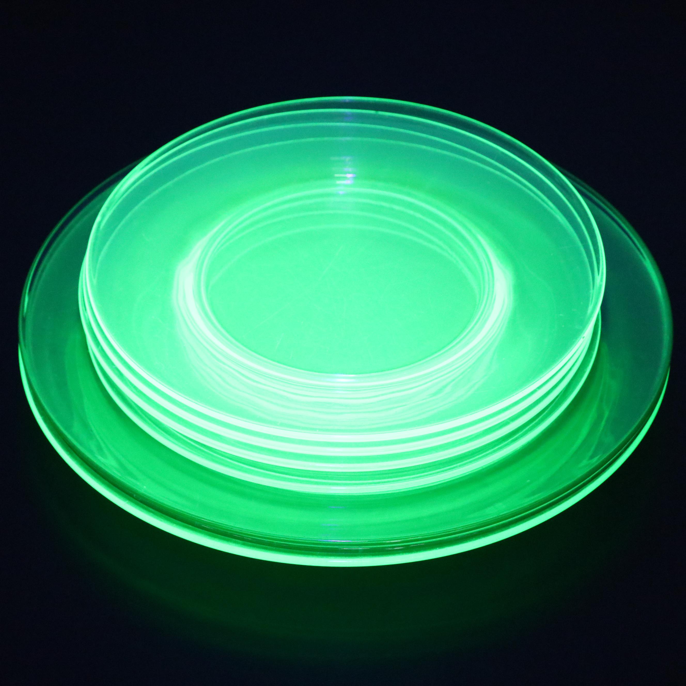 Fostoria Pioneer Light Green, More Uranium Glass Dinner, Salad, & Dessert Plates