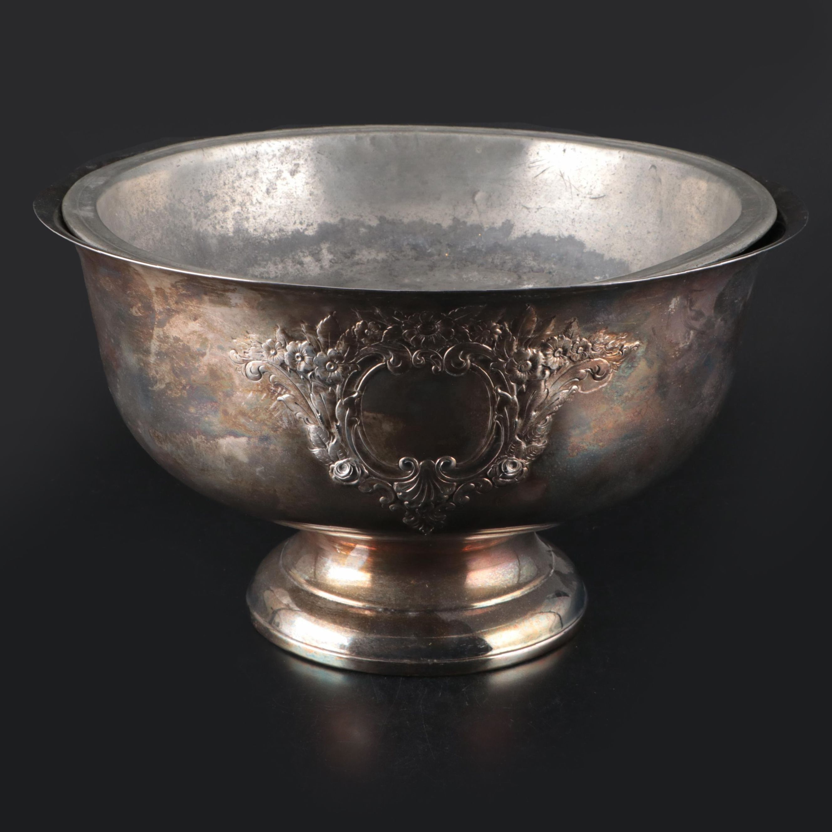 Colonial Era Pewter Bowl with Victorian Style Silver Plate Centerpiece Bowl