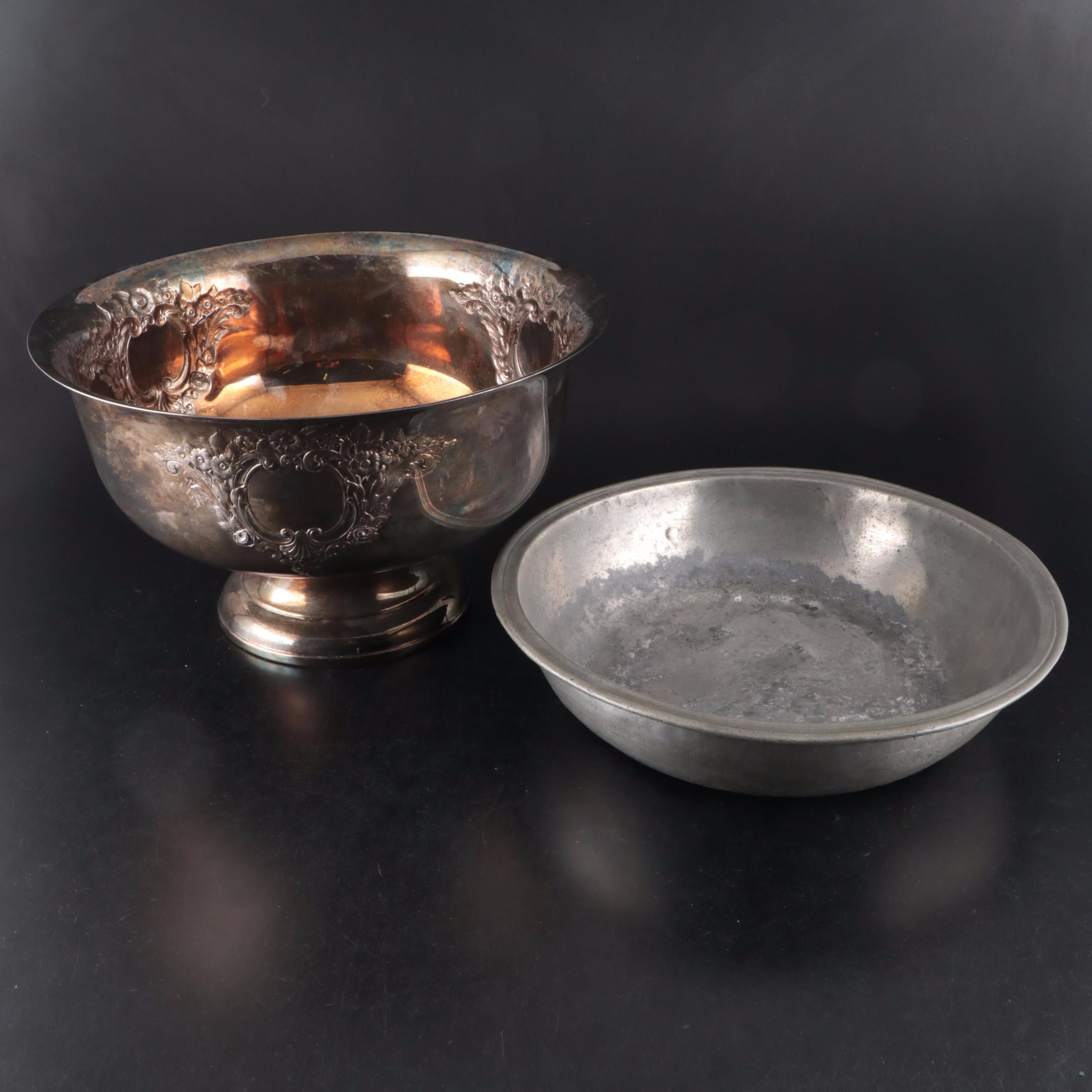 Colonial Era Pewter Bowl with Victorian Style Silver Plate Centerpiece Bowl