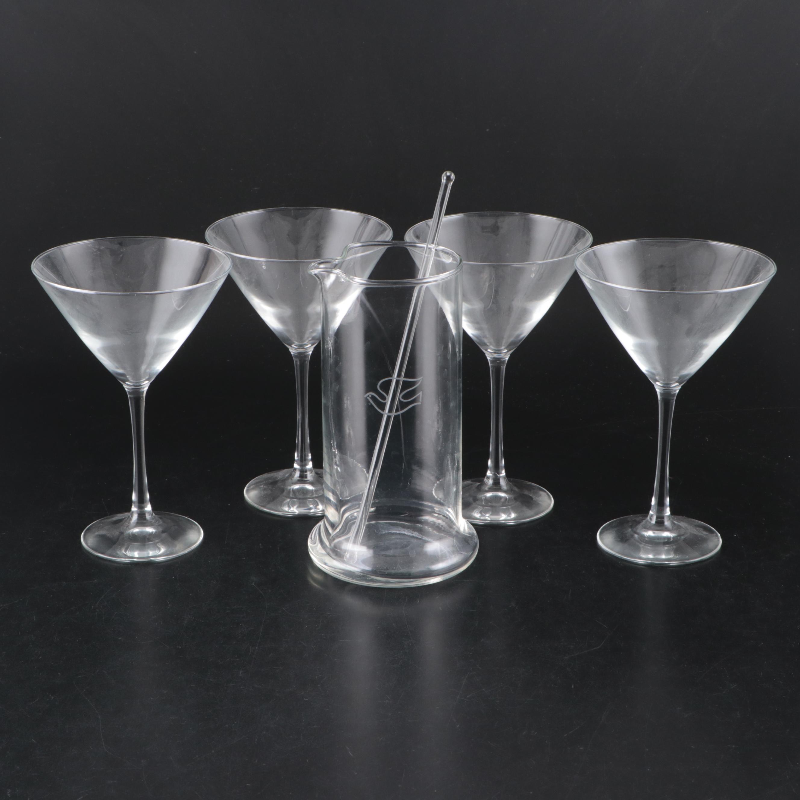 Glass Cocktail Pitcher with Stirrer and Four Martini Glasses