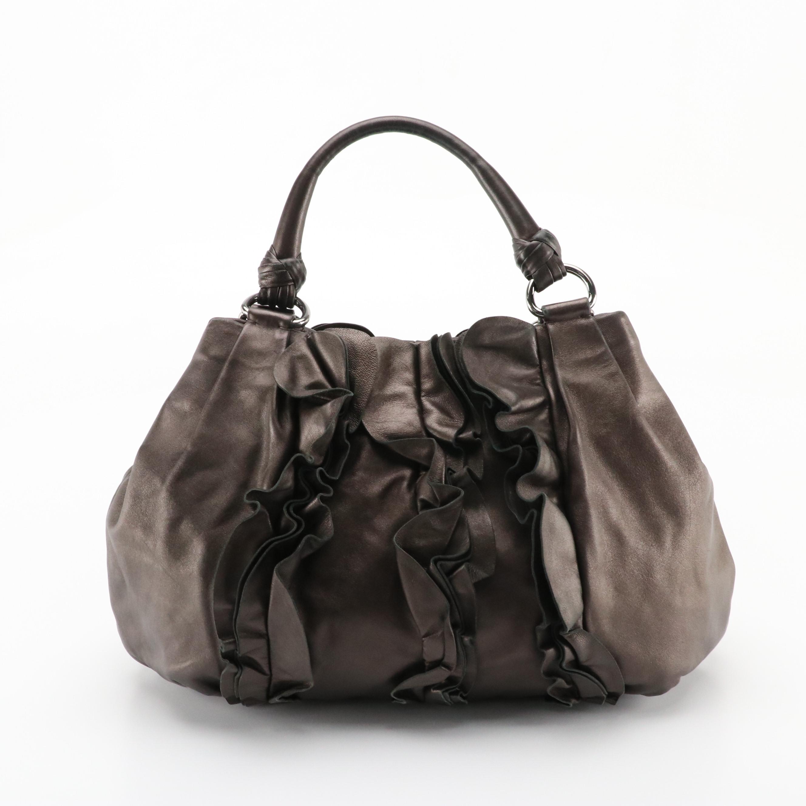 Prada Ruffled Metallic Graphite Nappa Leather Tote