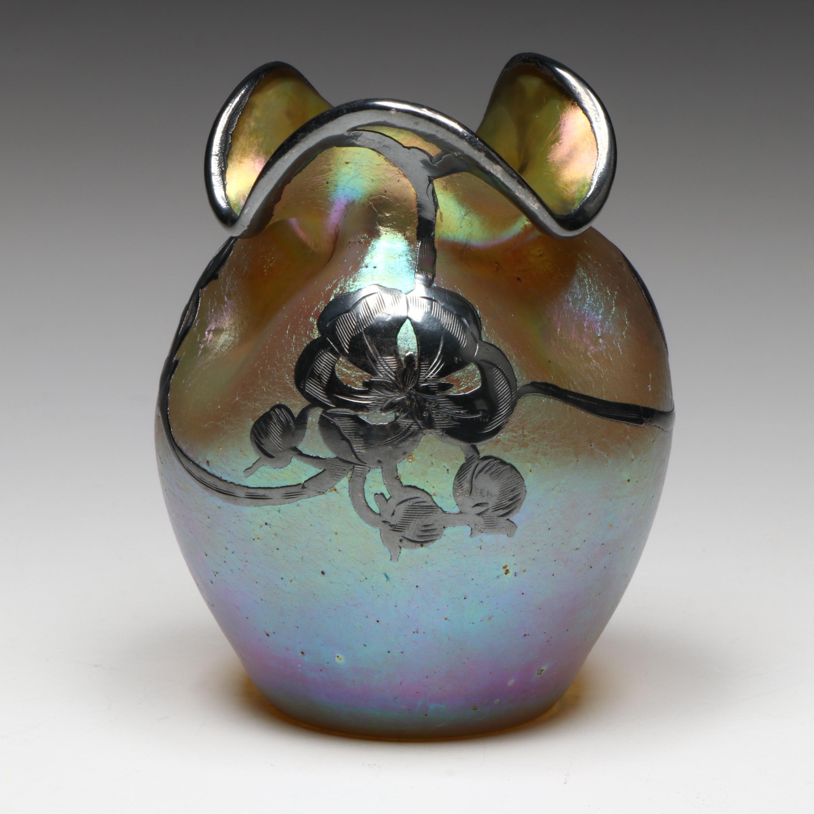 Loetz Austrian Art Nouveau Style Iridescent Art Glass Vase with Silver Overlay