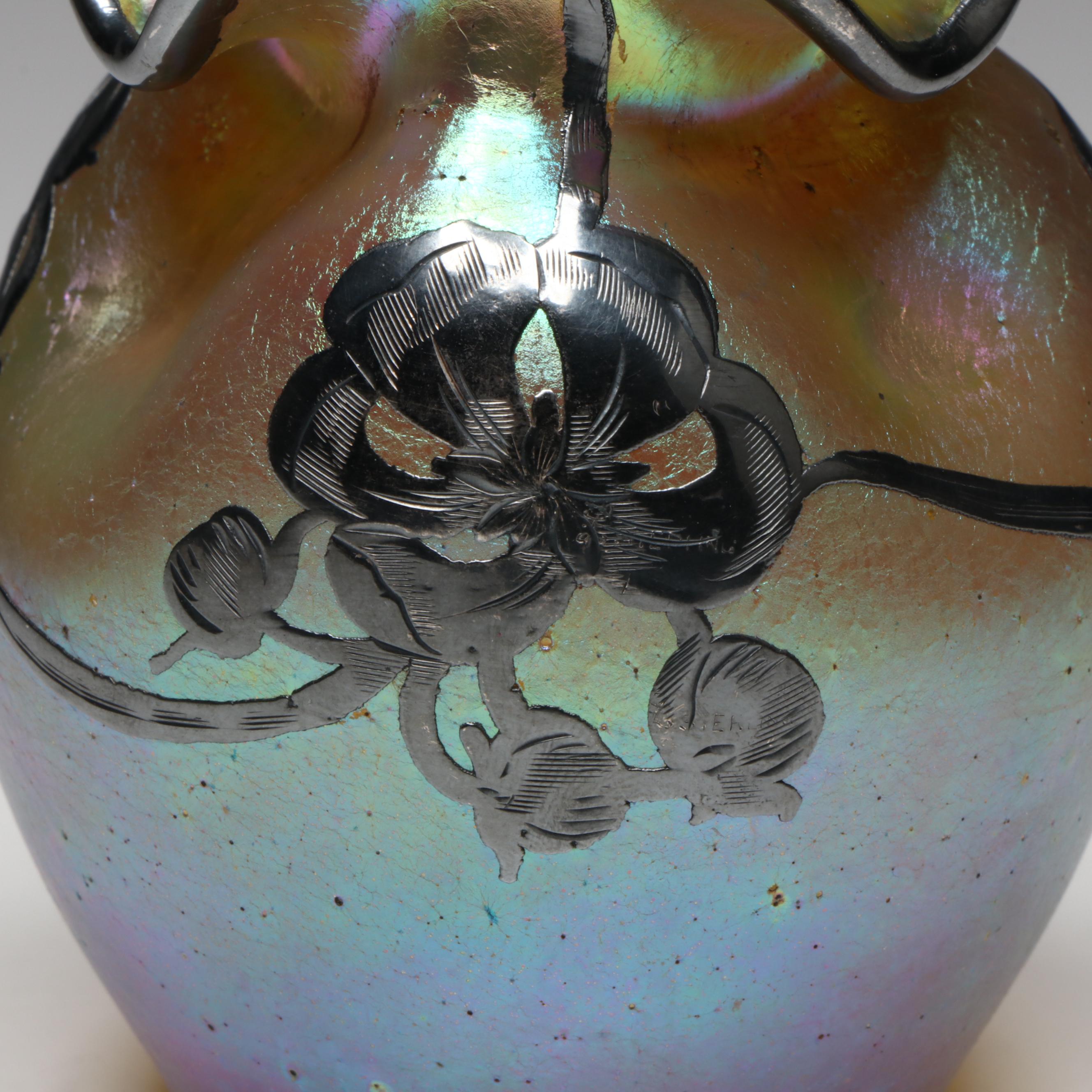Loetz Austrian Art Nouveau Style Iridescent Art Glass Vase with Silver Overlay