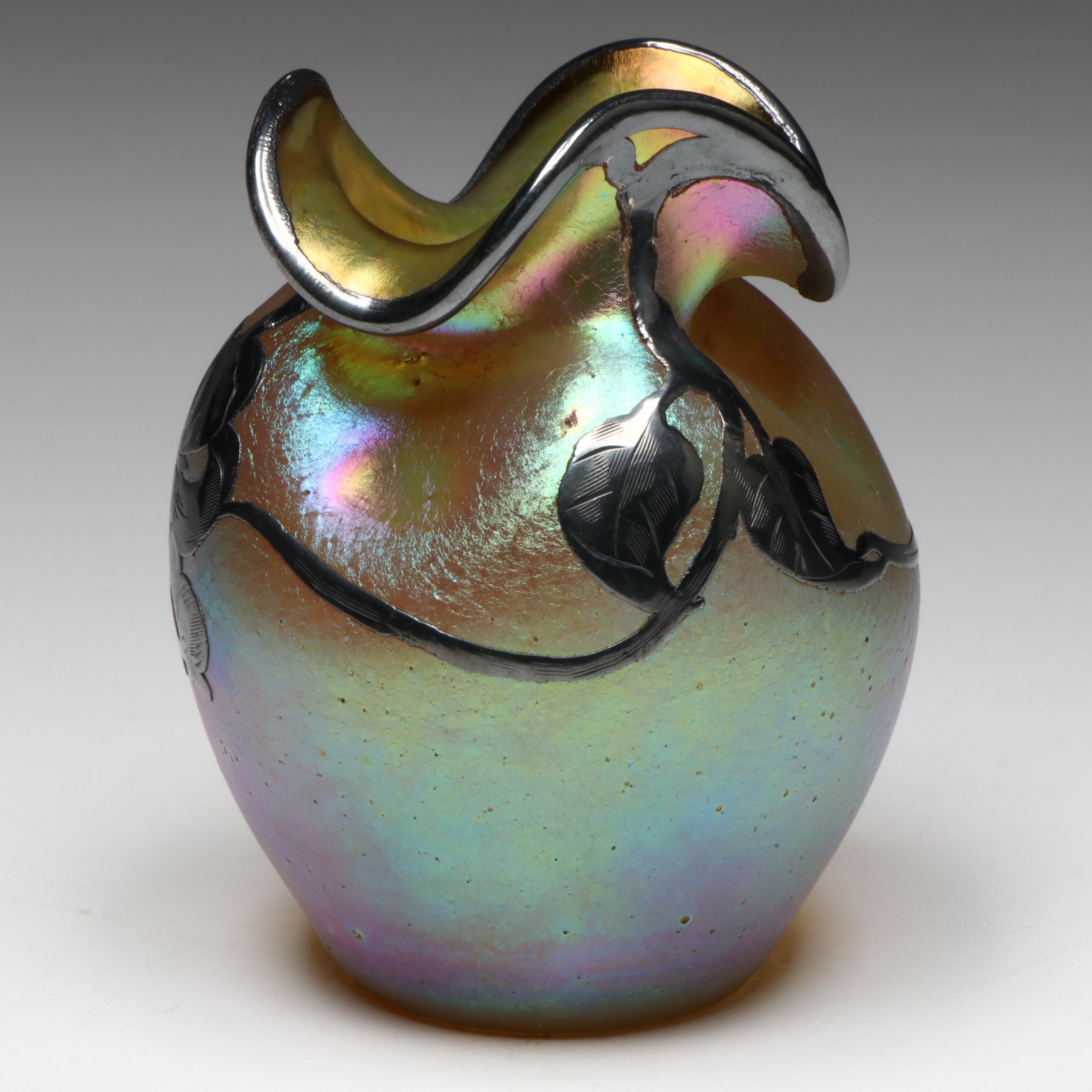 Loetz Austrian Art Nouveau Style Iridescent Art Glass Vase with Silver Overlay