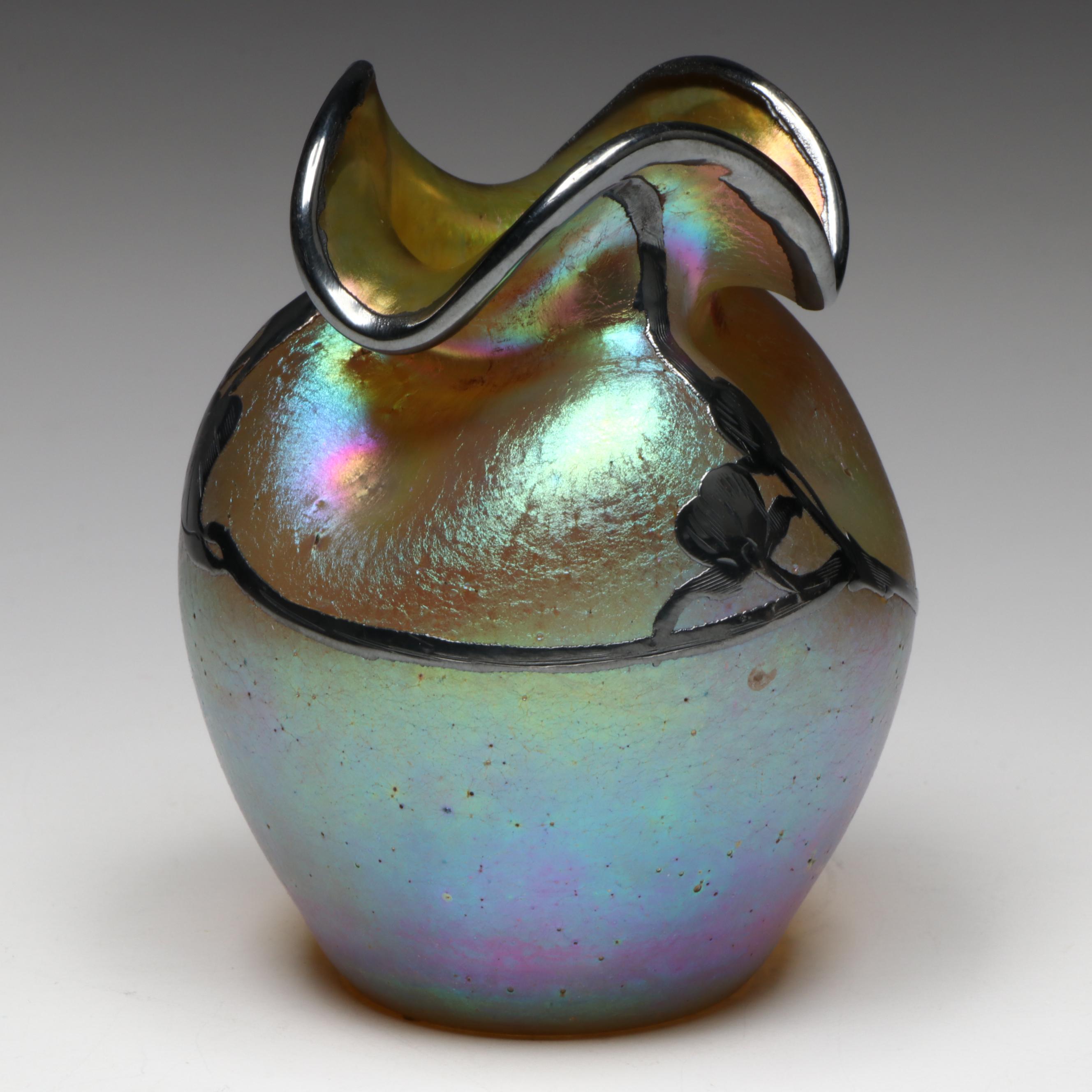 Loetz Austrian Art Nouveau Style Iridescent Art Glass Vase with Silver Overlay