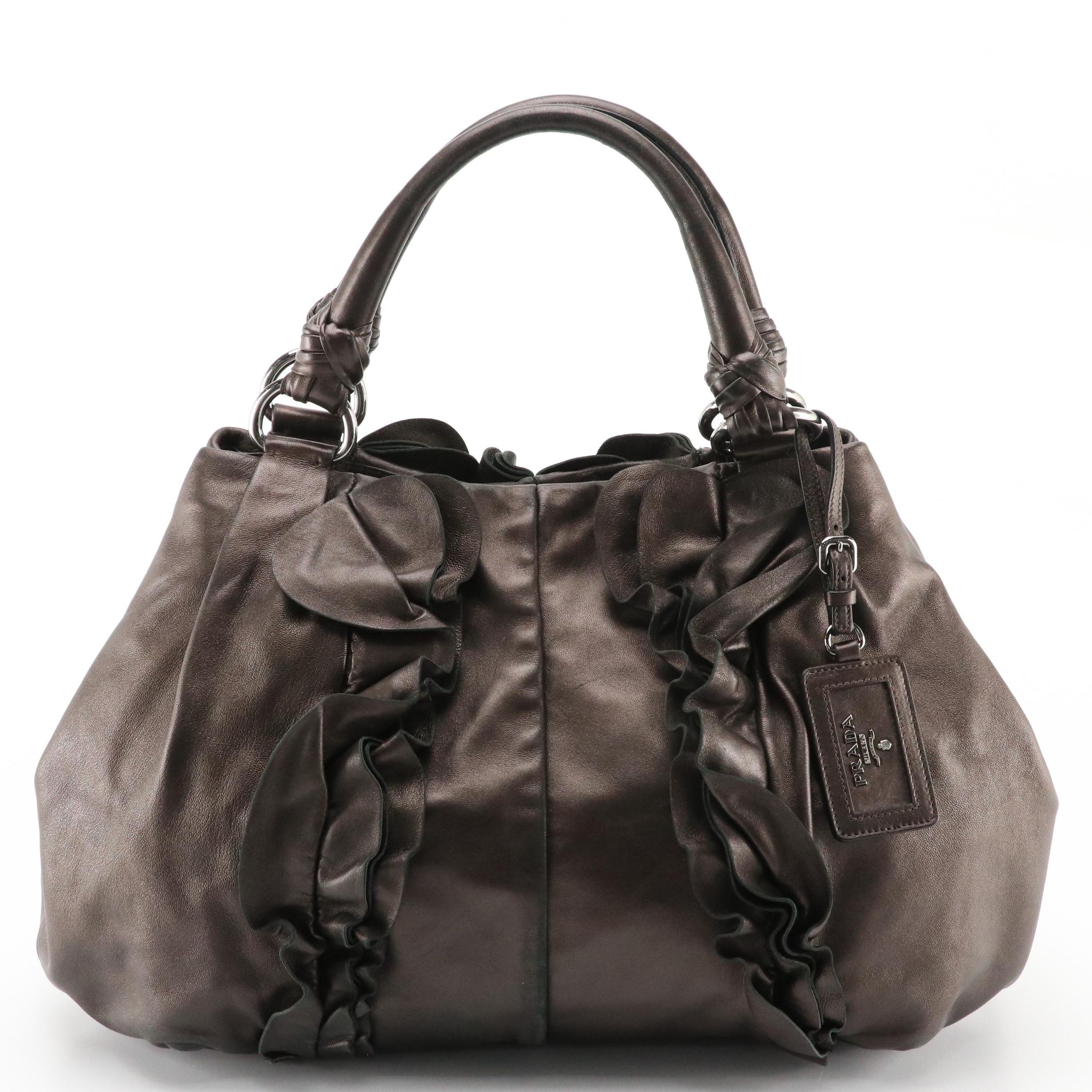 Prada Ruffled Metallic Graphite Nappa Leather Tote