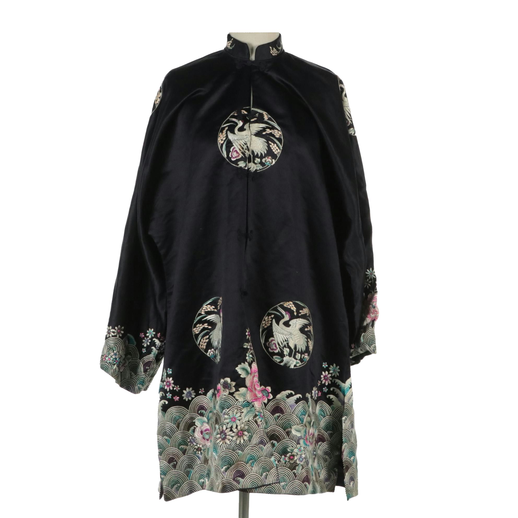 Chinese Embroidered Silk Robe Depicting Crane Medallions, Florals & Lishui Waves