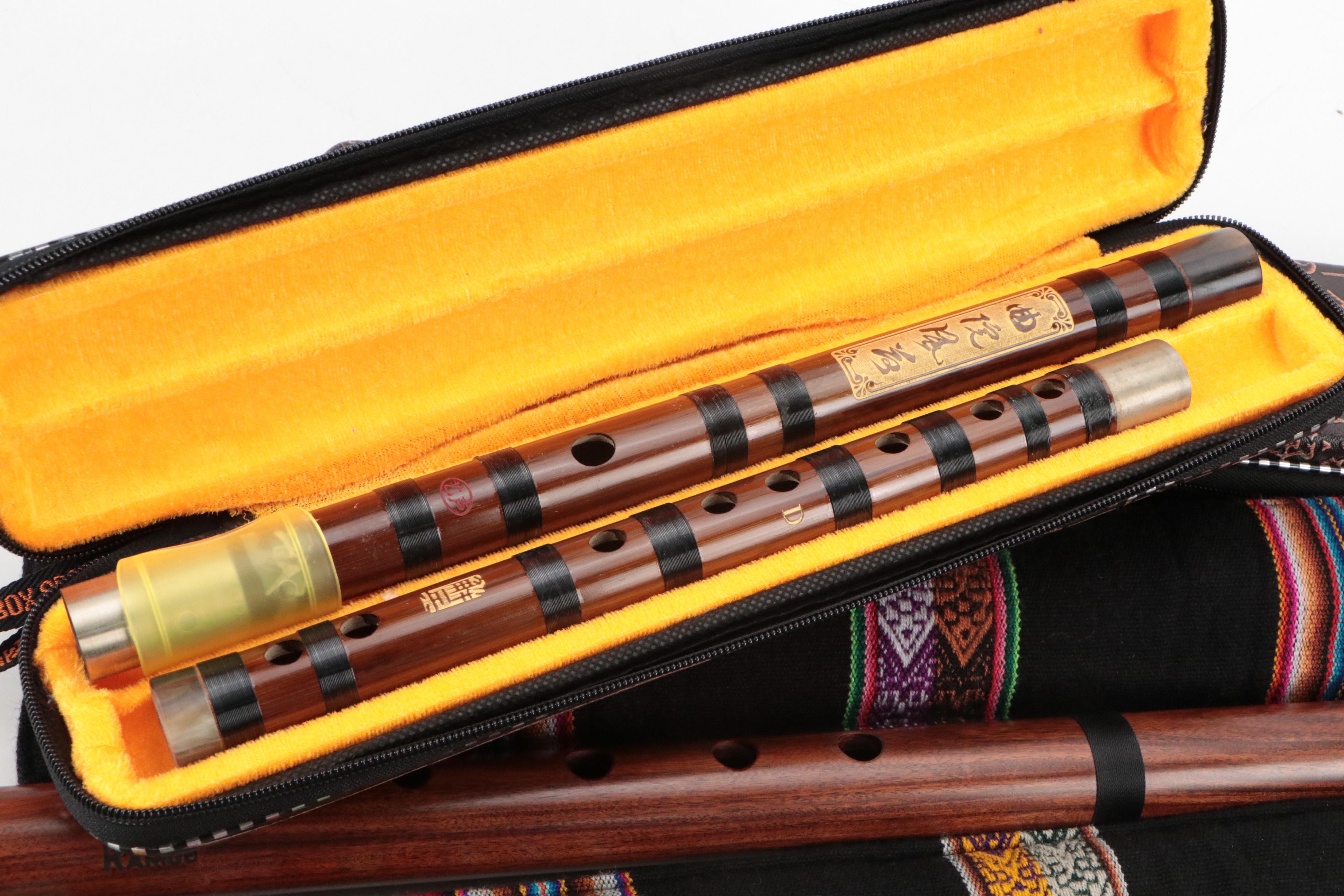 Chinese Bamboo Dizi Flutes with Wood Quena and Cases