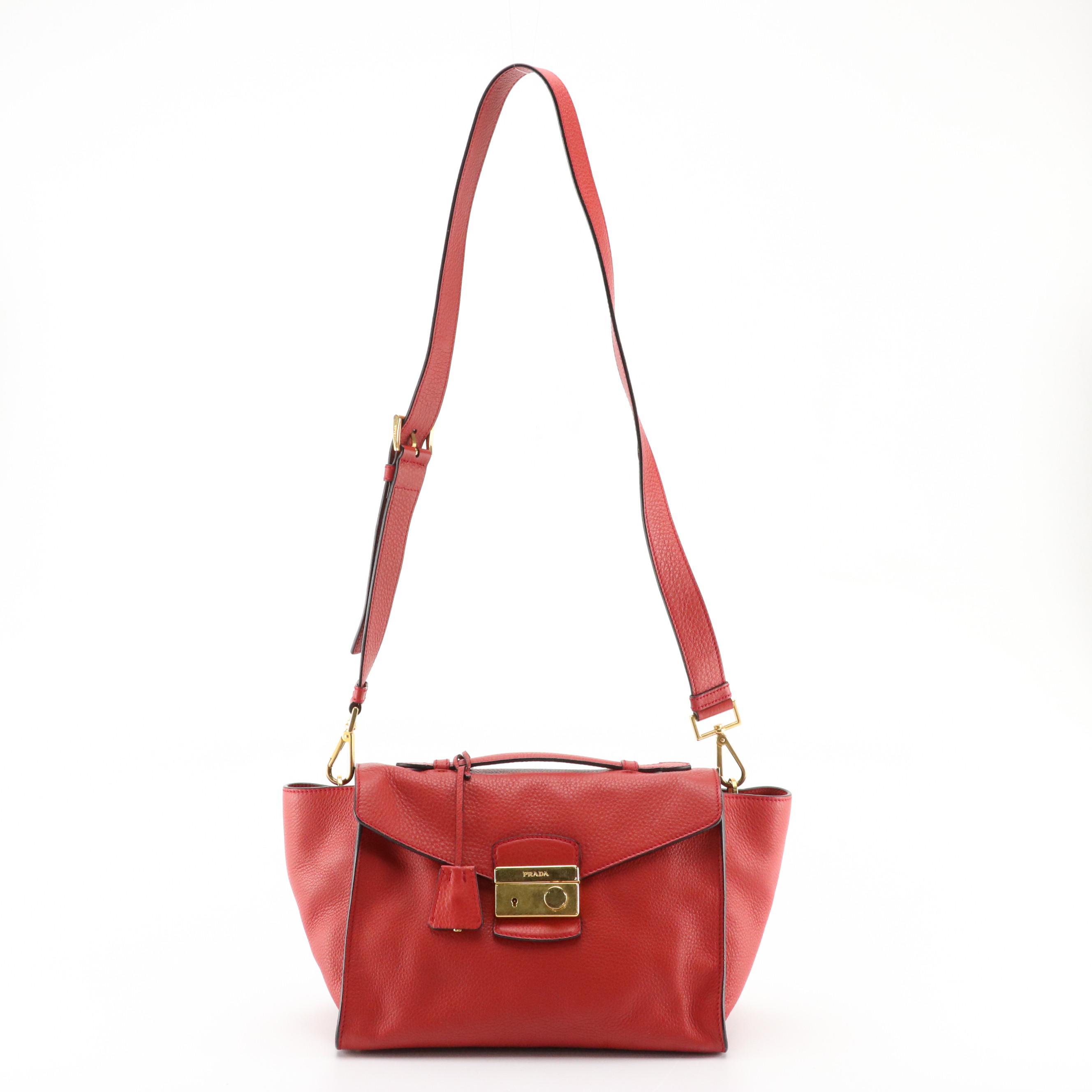 Prada Red Vitello Daino Leather Front-Flap Sound-Lock Two-Way Bag