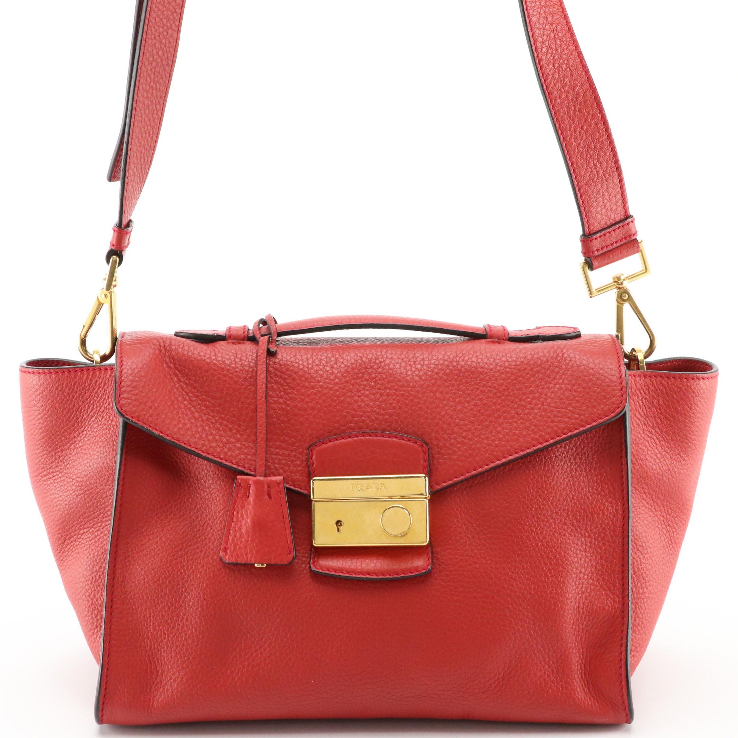 Prada Red Vitello Daino Leather Front-Flap Sound-Lock Two-Way Bag