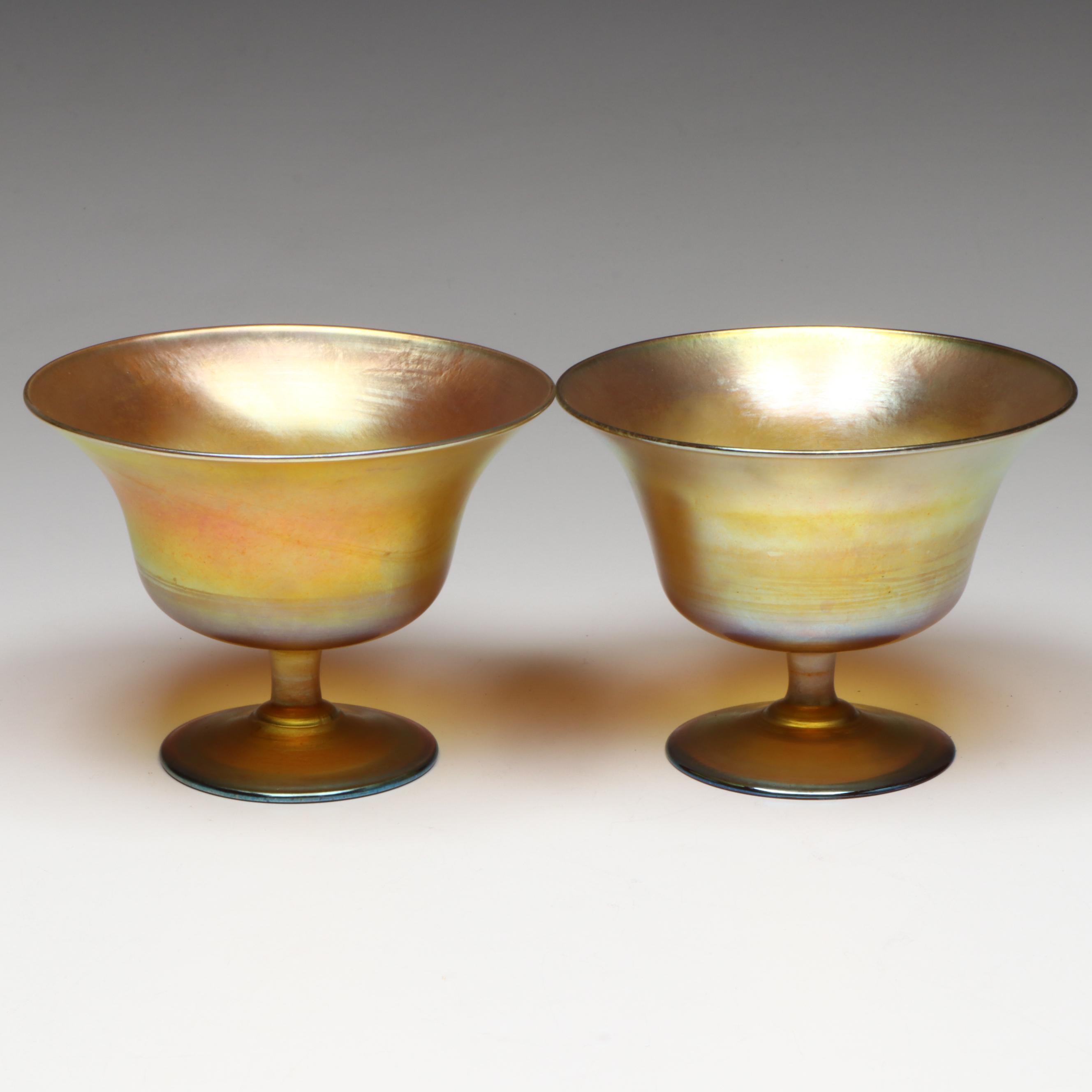 Louis Comfort Tiffany Favrile Art Glass Footed Bowls, Early 20th Century