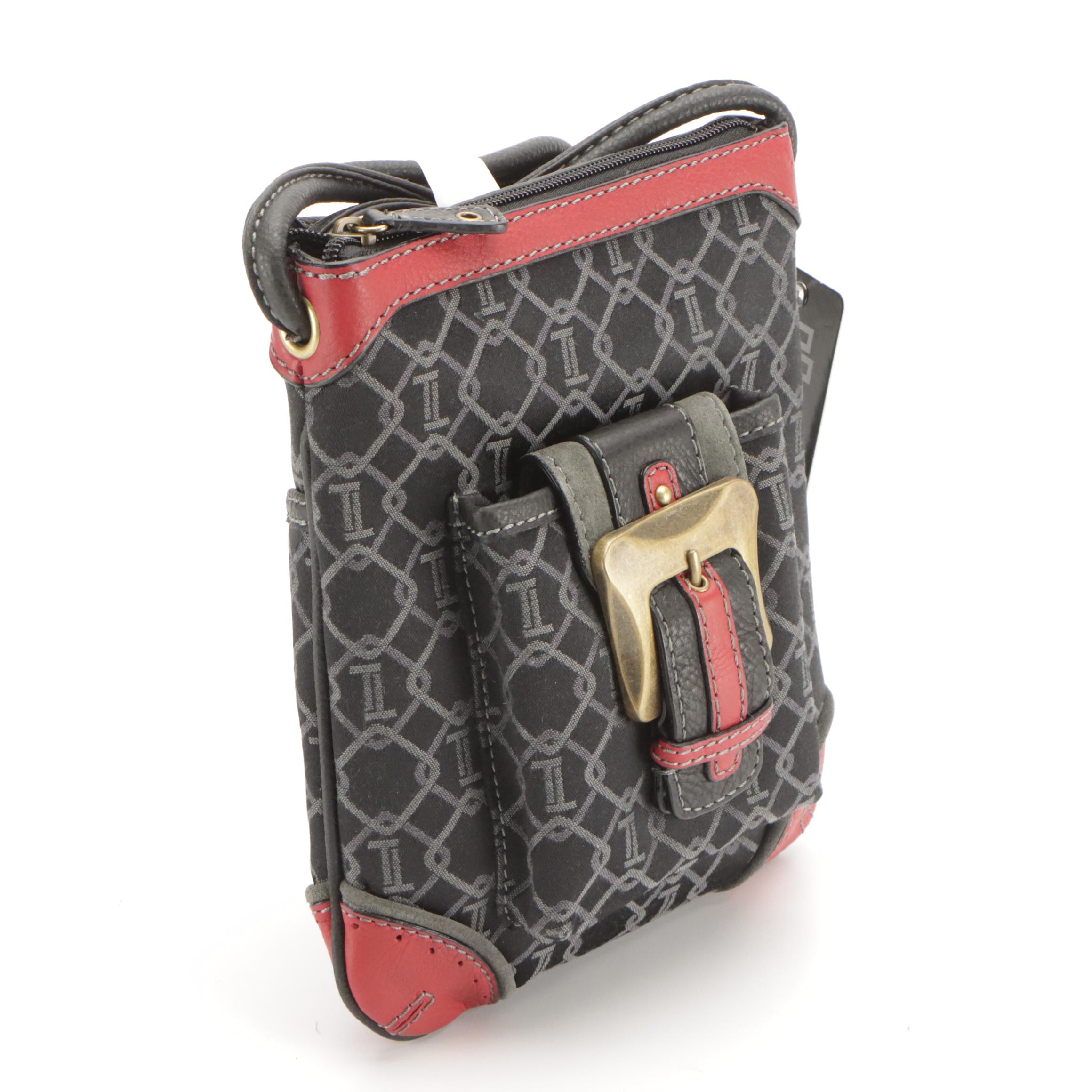 Tignanello Buckle Pocket Crossbody Bag in Black Canvas & Red Leather, With Tag