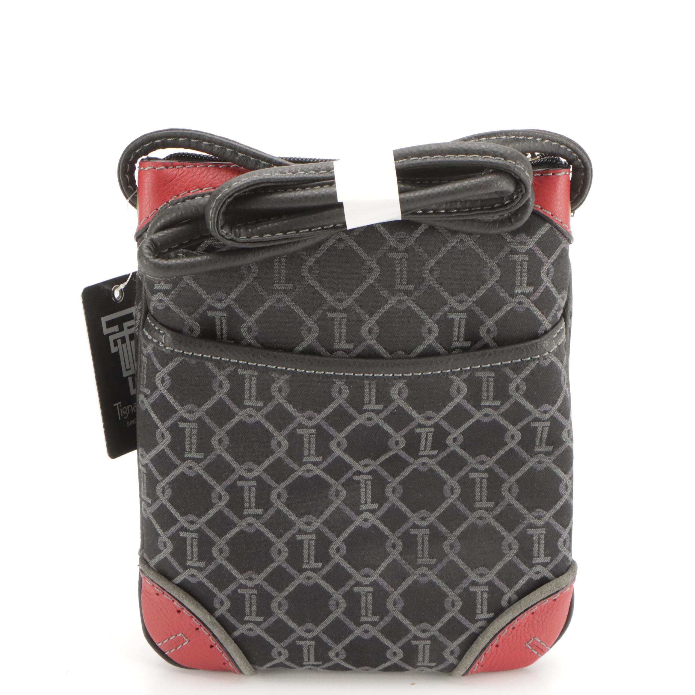 Tignanello Buckle Pocket Crossbody Bag in Black Canvas & Red Leather, With Tag