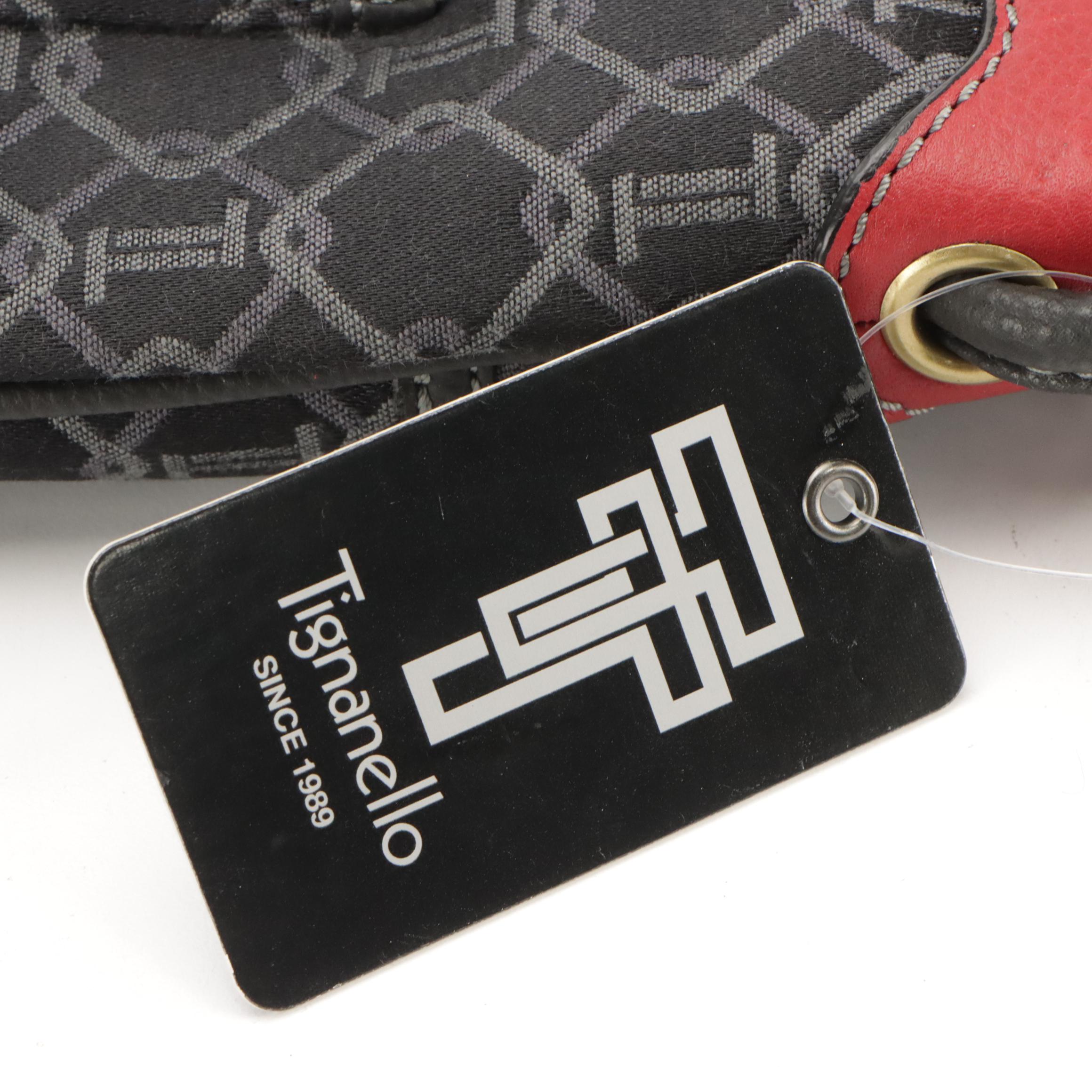 Tignanello Buckle Pocket Crossbody Bag in Black Canvas & Red Leather, With Tag