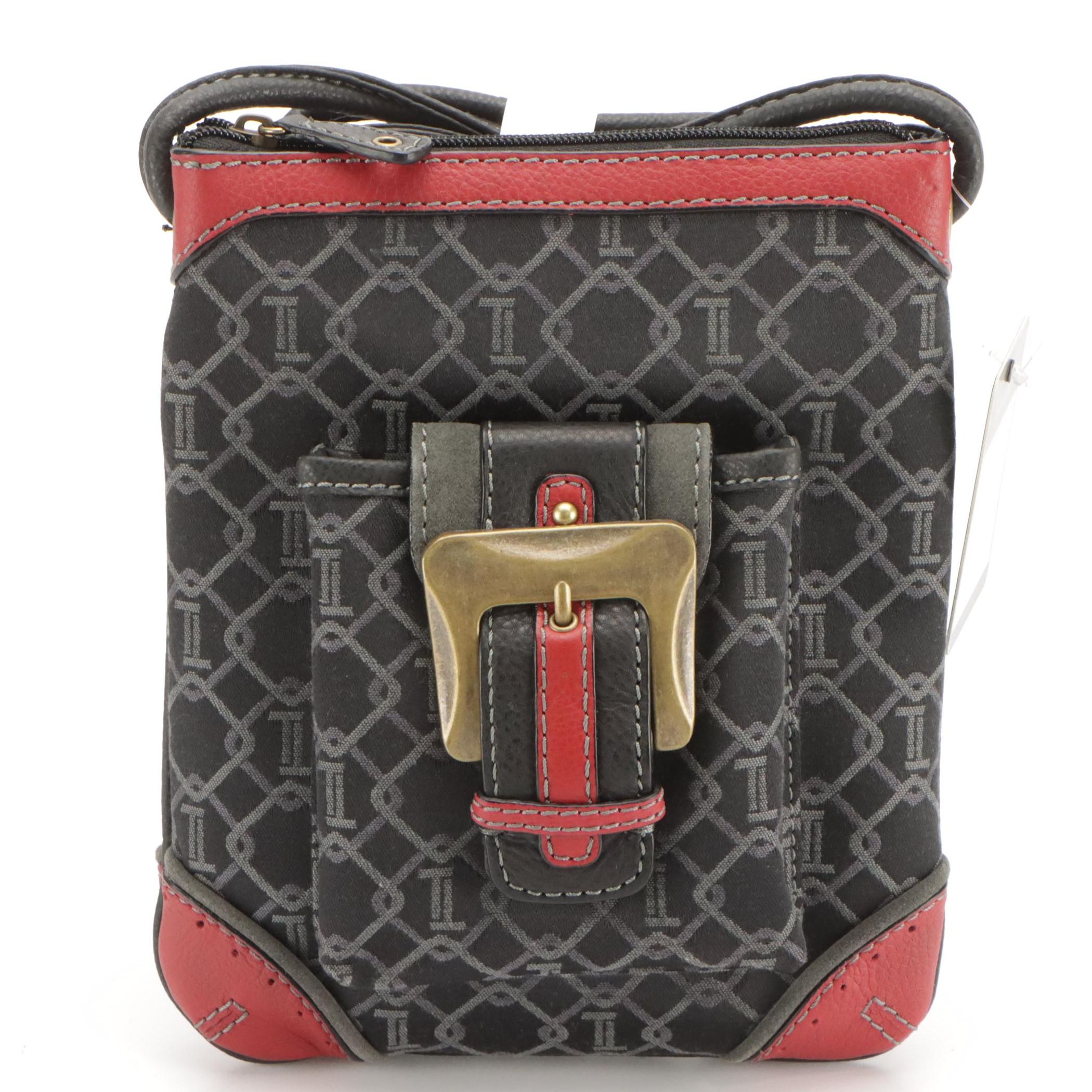 Tignanello Buckle Pocket Crossbody Bag in Black Canvas & Red Leather, With Tag
