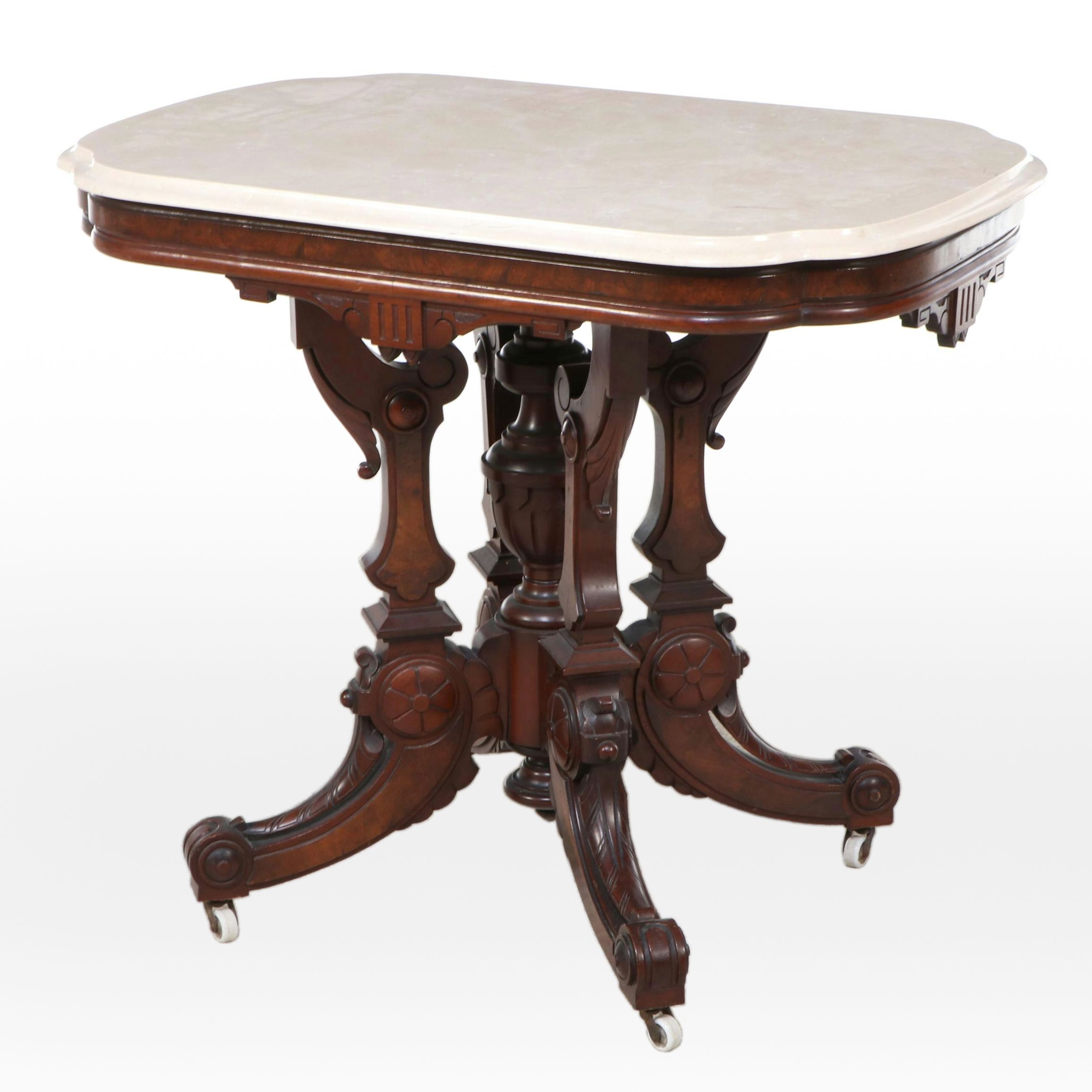 Victorian Renaissance Revival Walnut, Burl Walnut, and Marble Top Parlor Table