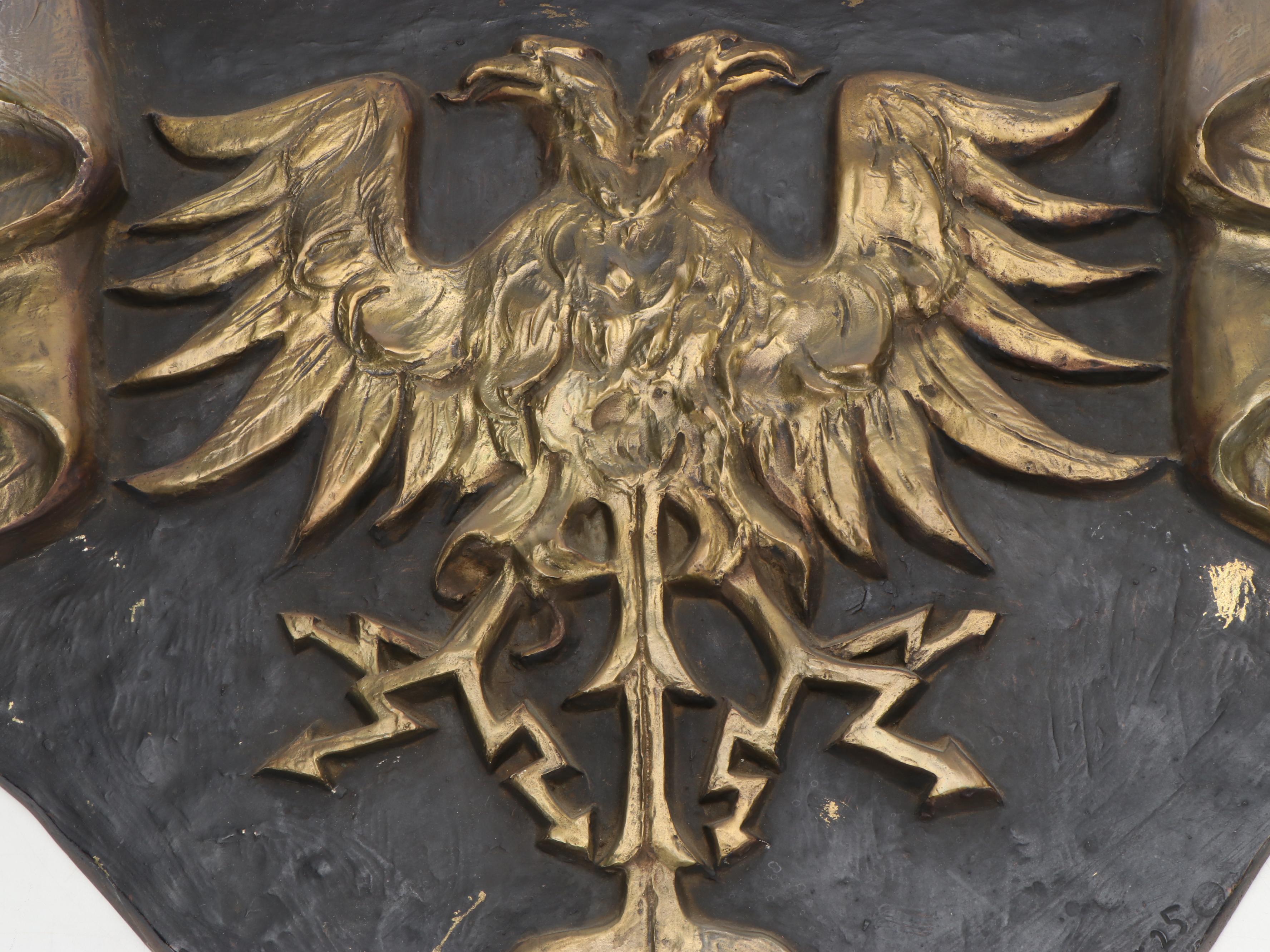 Erik Comt Cast Brass Coat of Arms Double Headed Eagle Plaque, 1925