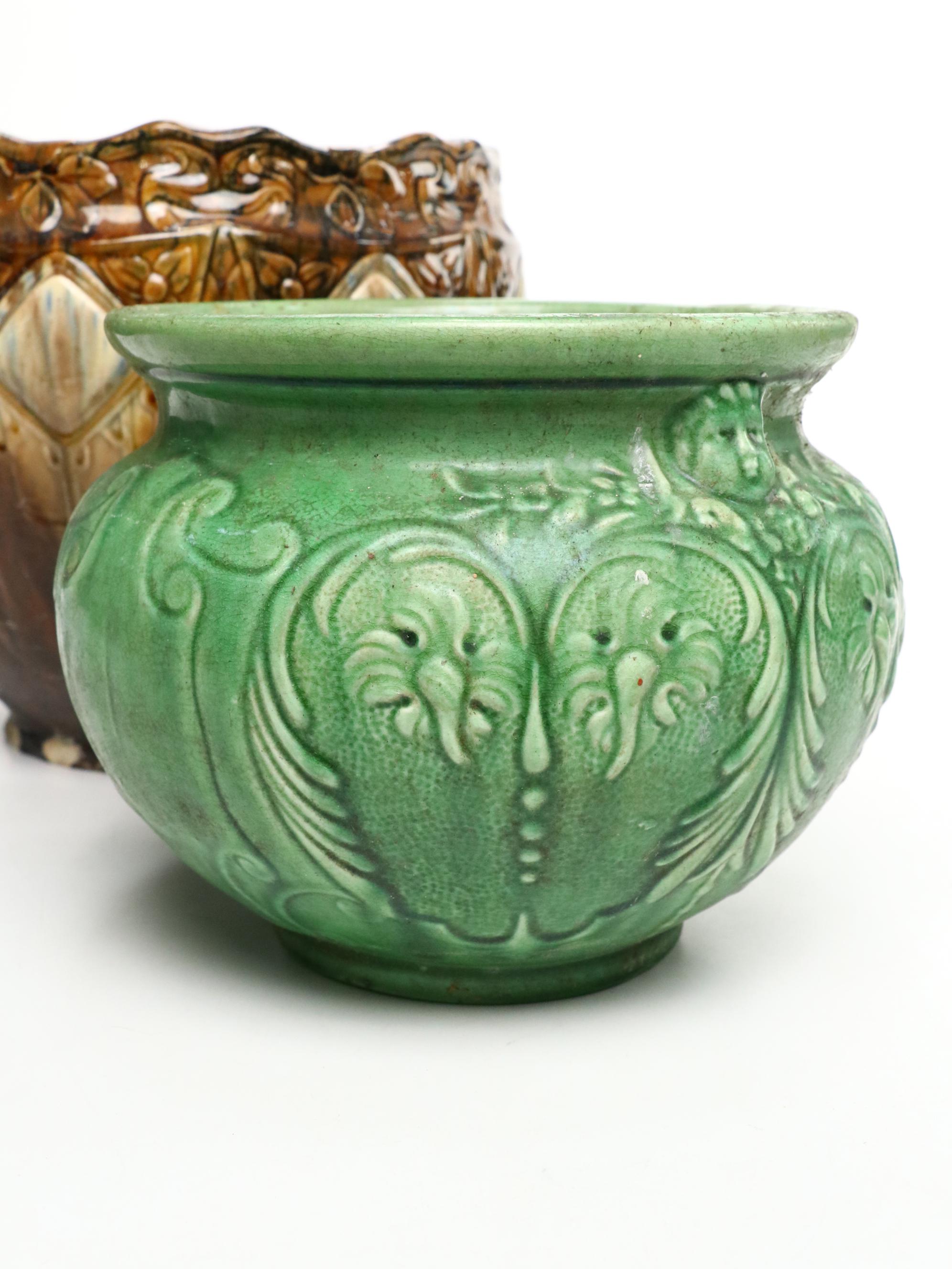 American Art Pottery Brown and Green Majolica Planters, Early to Mid-20th C.