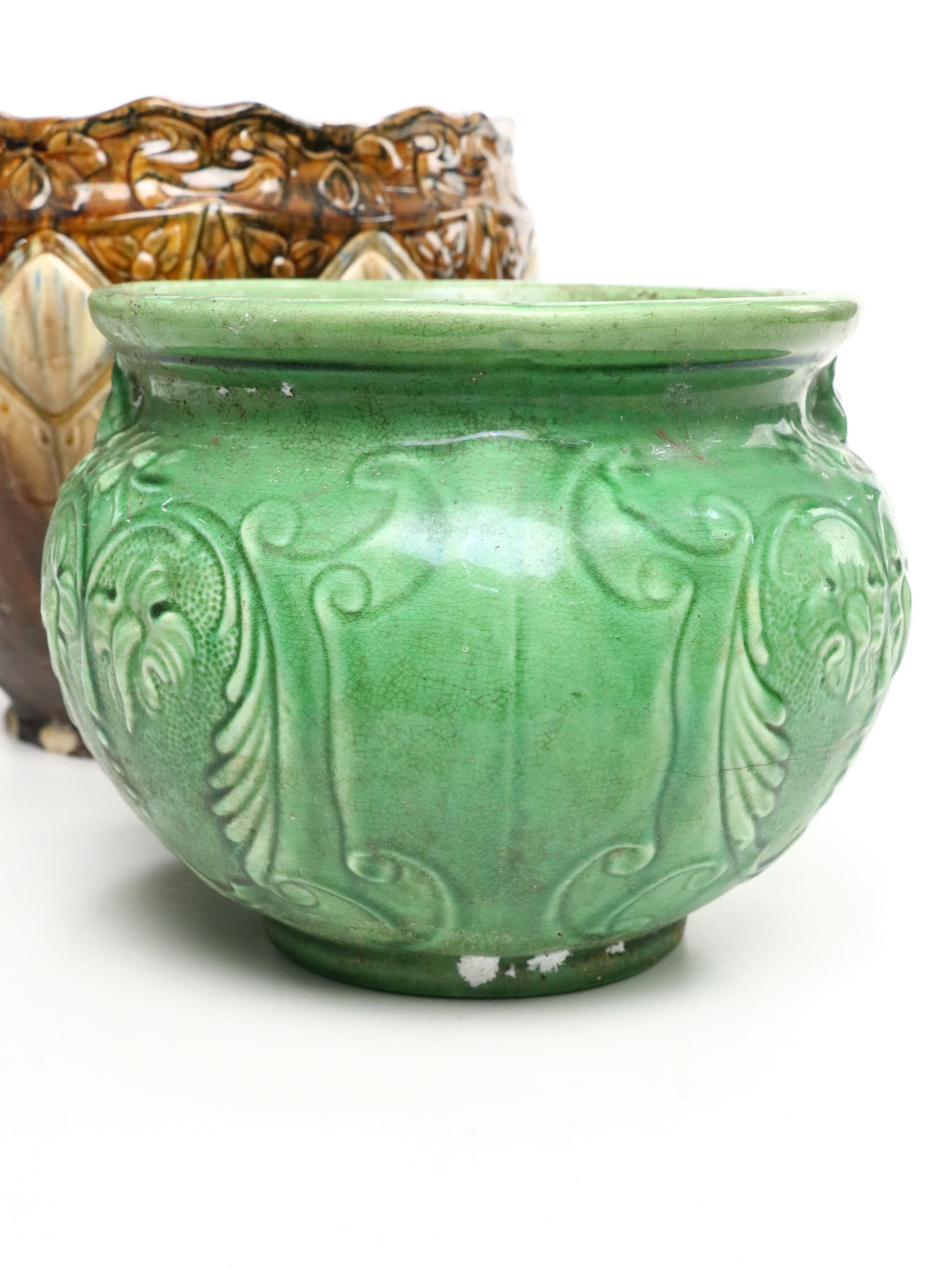 American Art Pottery Brown and Green Majolica Planters, Early to Mid-20th C.