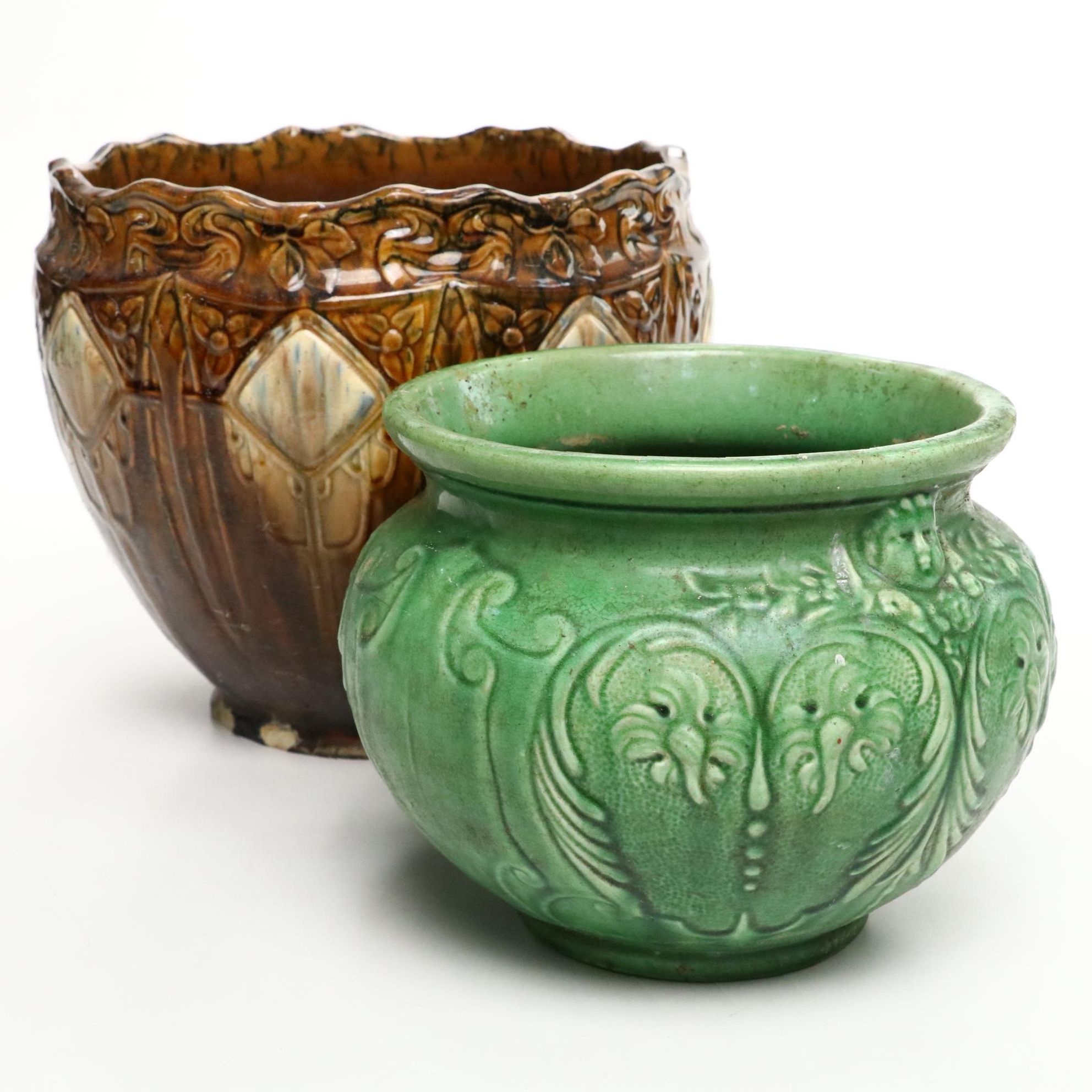 American Art Pottery Brown and Green Majolica Planters, Early to Mid-20th C.