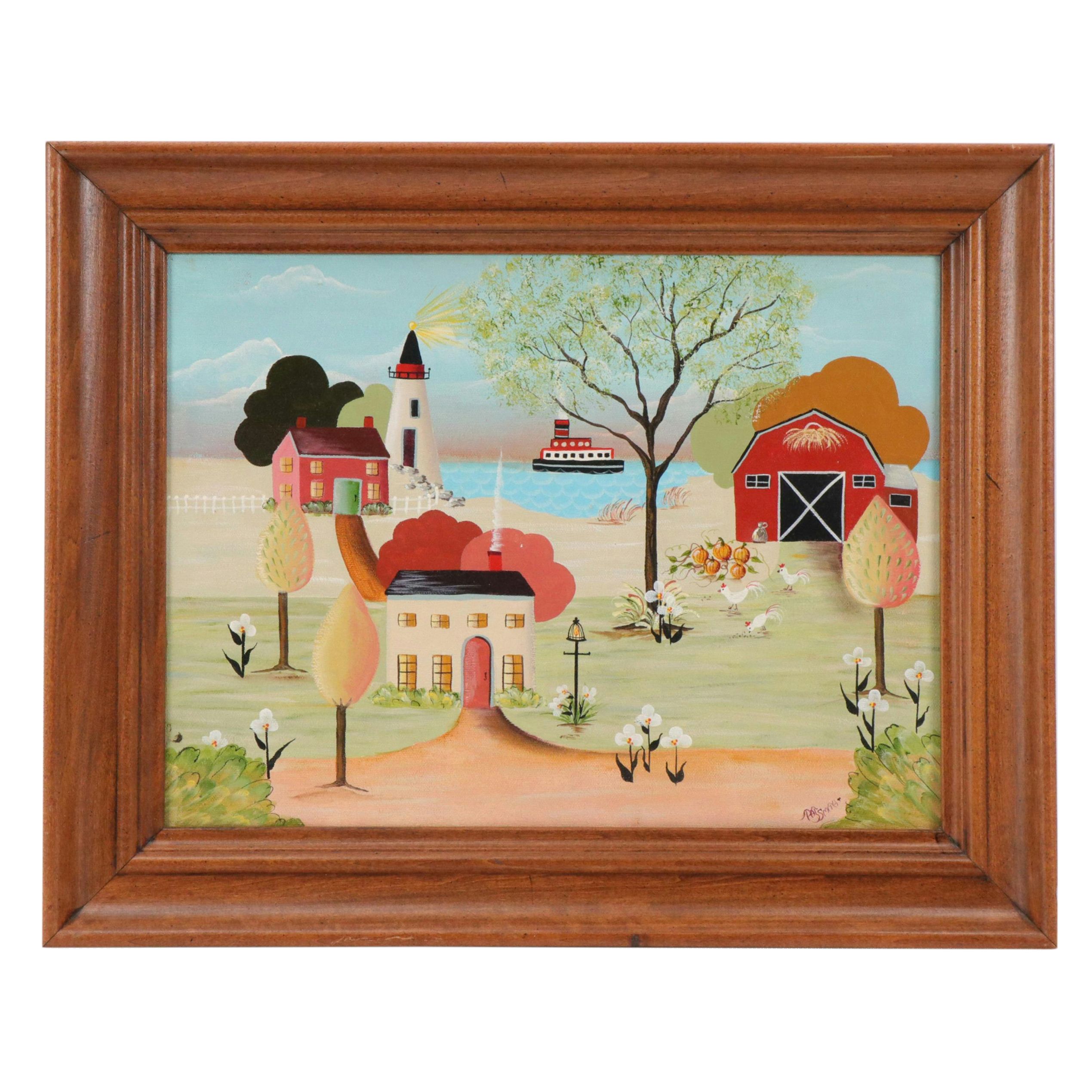 Pat Smith Folk Art Oil Painting of Coastal Scene