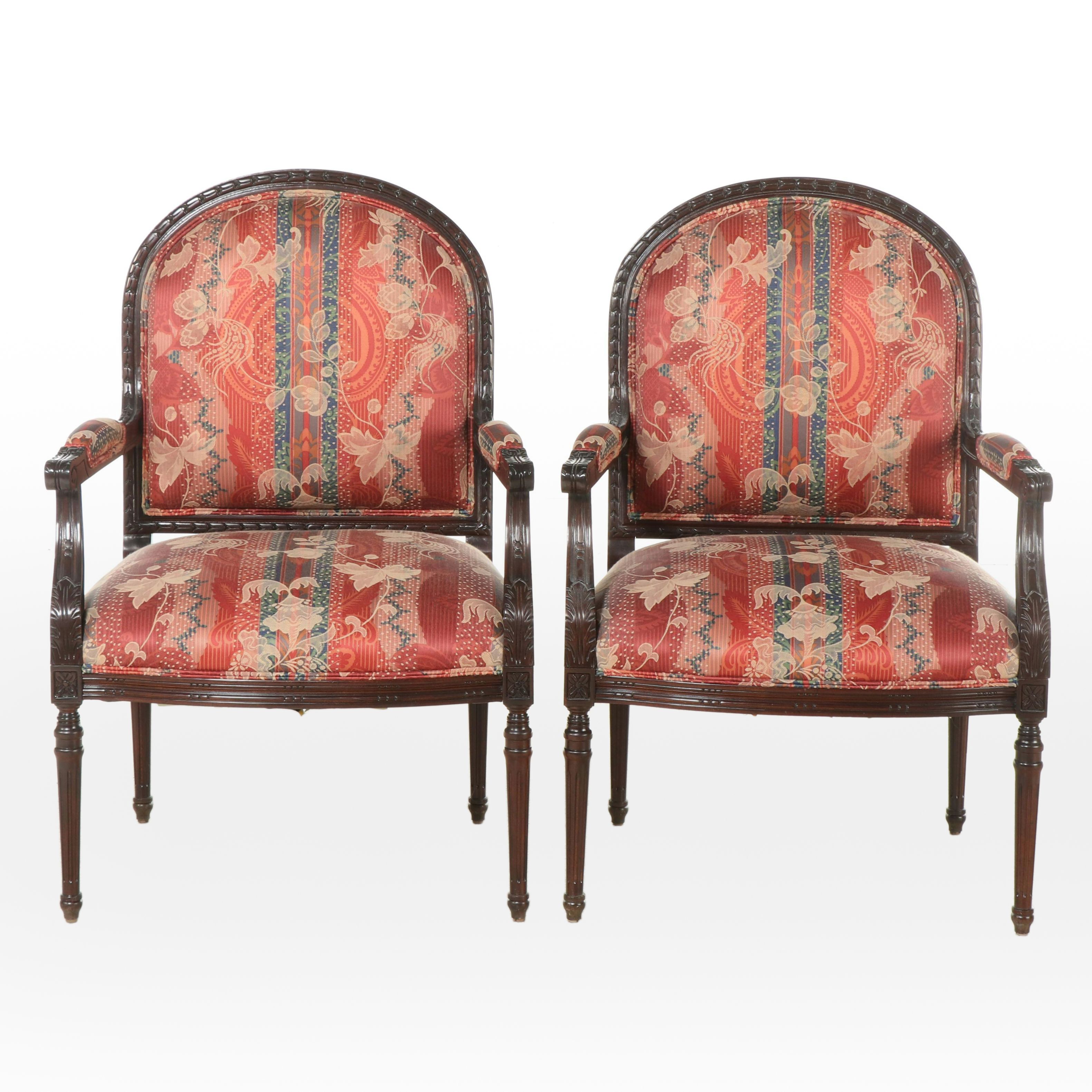 Pair of Henredon Louis XVI Style Hardwood and Custom-Upholstered Fauteuils