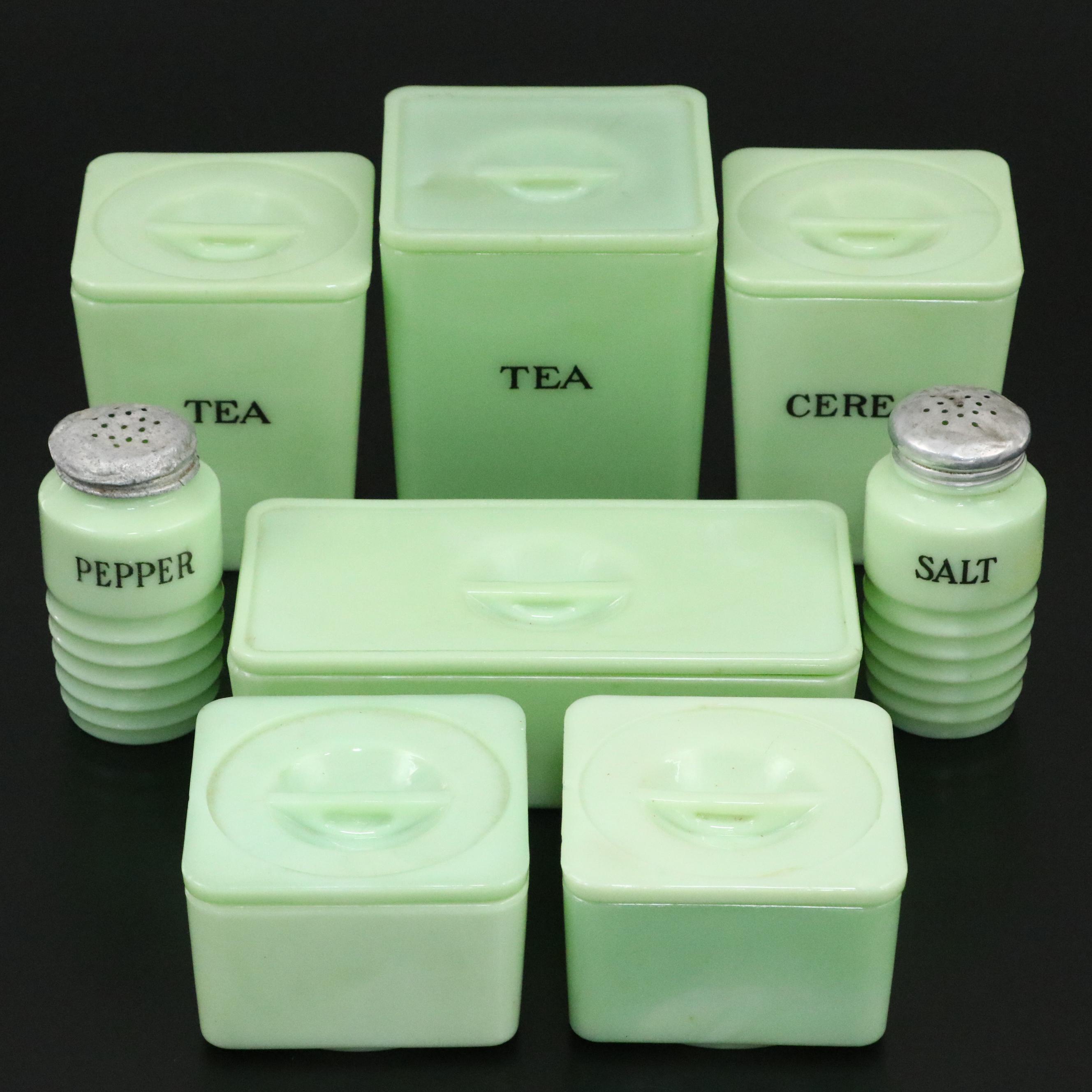 Jadeite Uranium Glass Canisters, Shakers and Refrigerator Jars