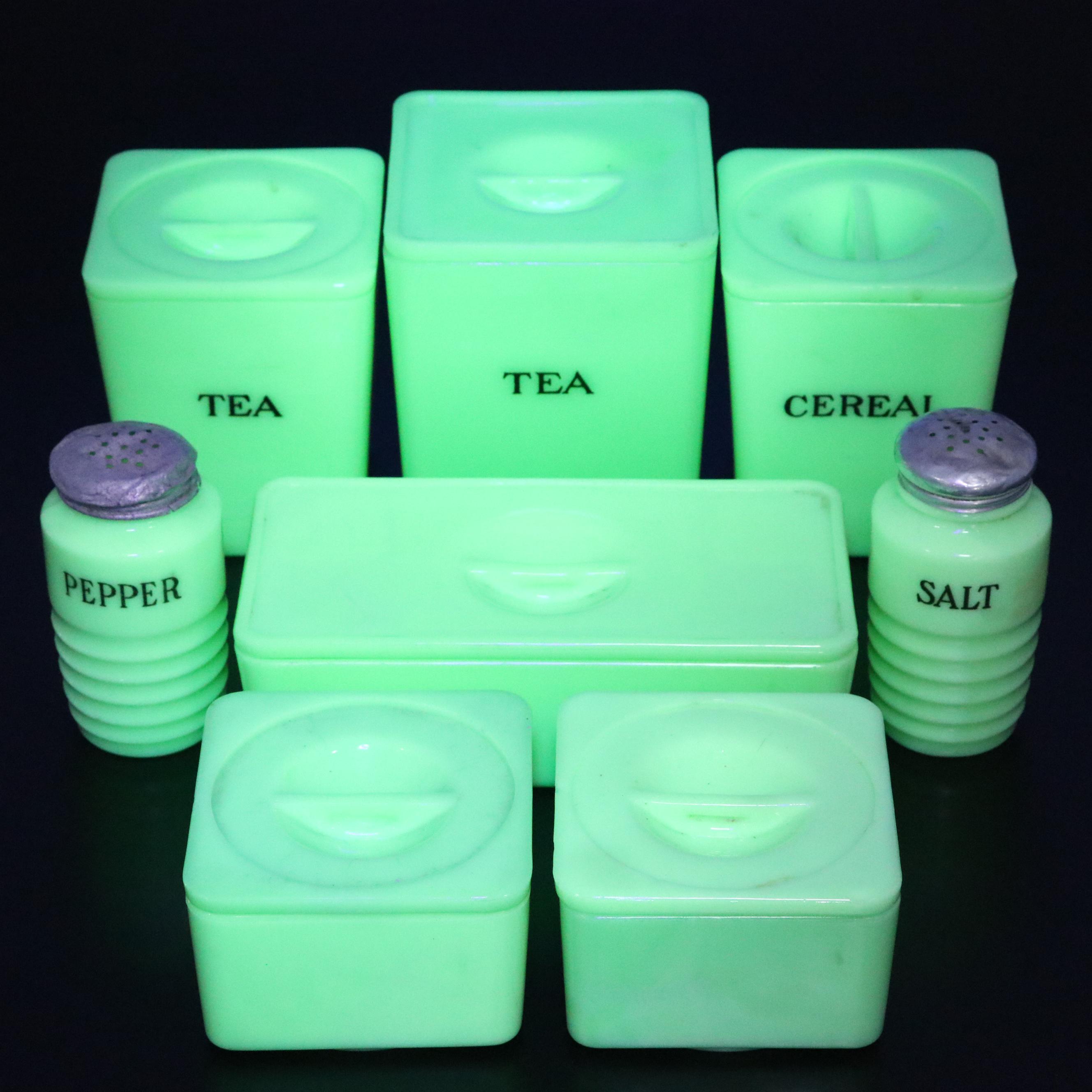 Jadeite Uranium Glass Canisters, Shakers and Refrigerator Jars