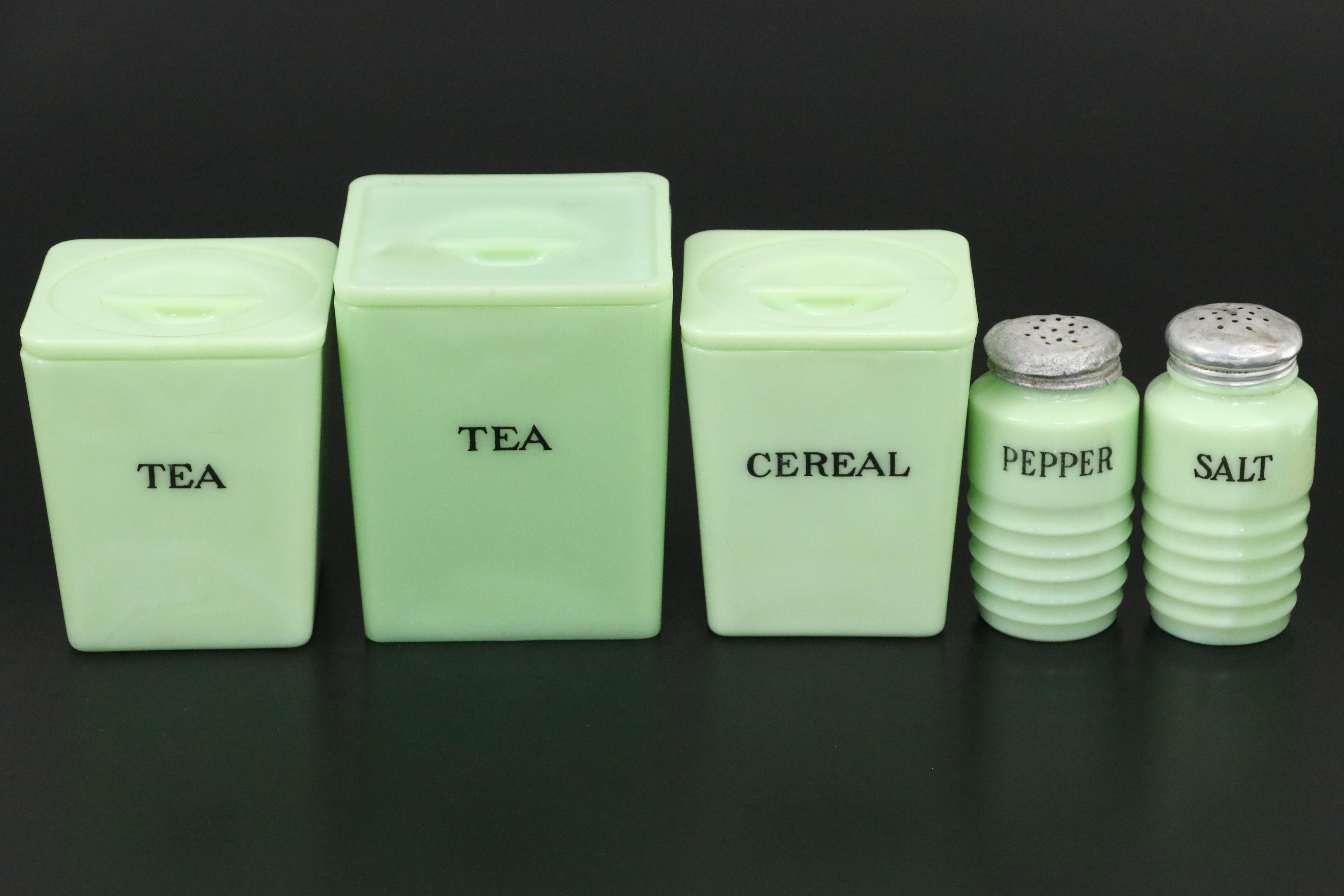 Jadeite Uranium Glass Canisters, Shakers and Refrigerator Jars