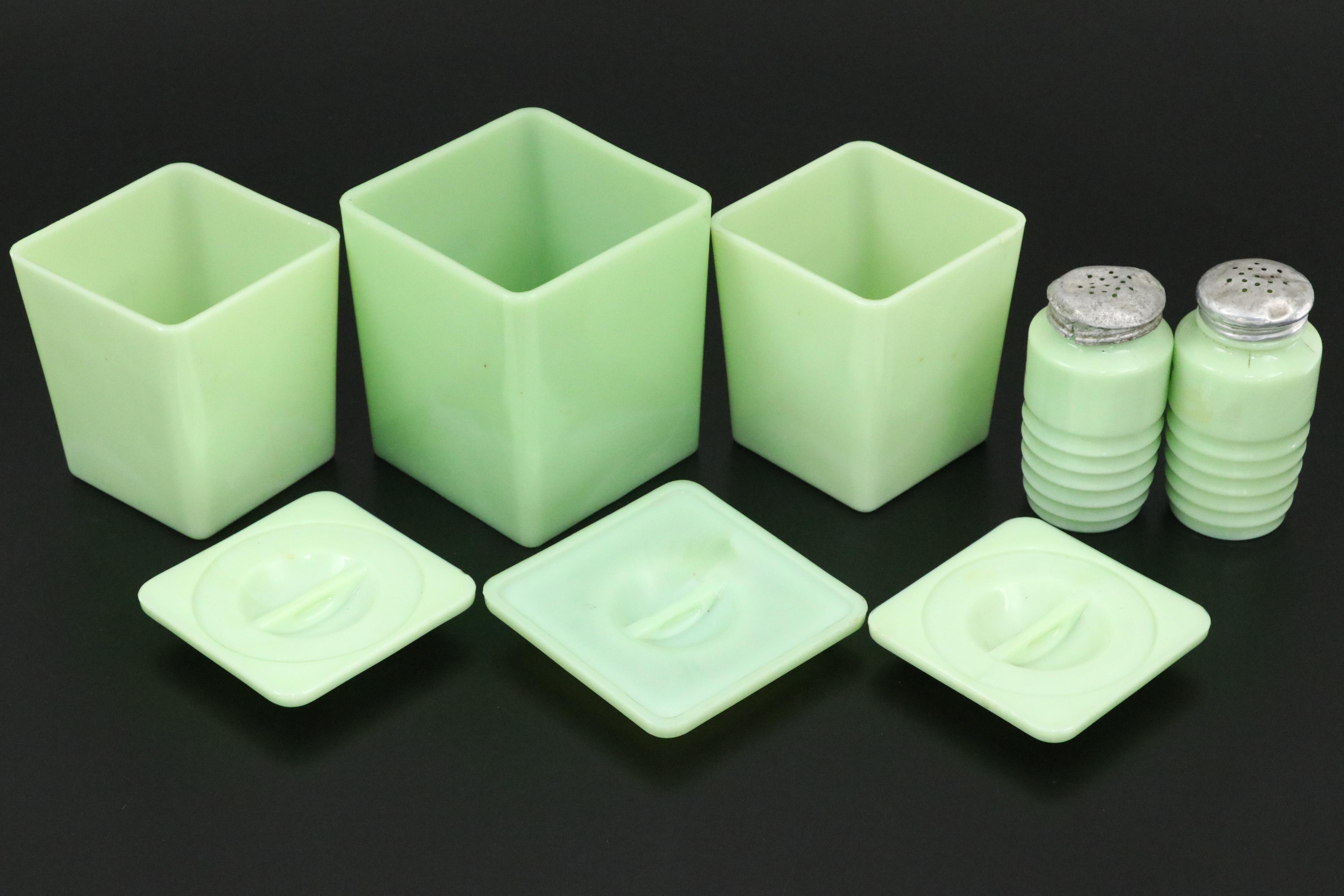 Jadeite Uranium Glass Canisters, Shakers and Refrigerator Jars