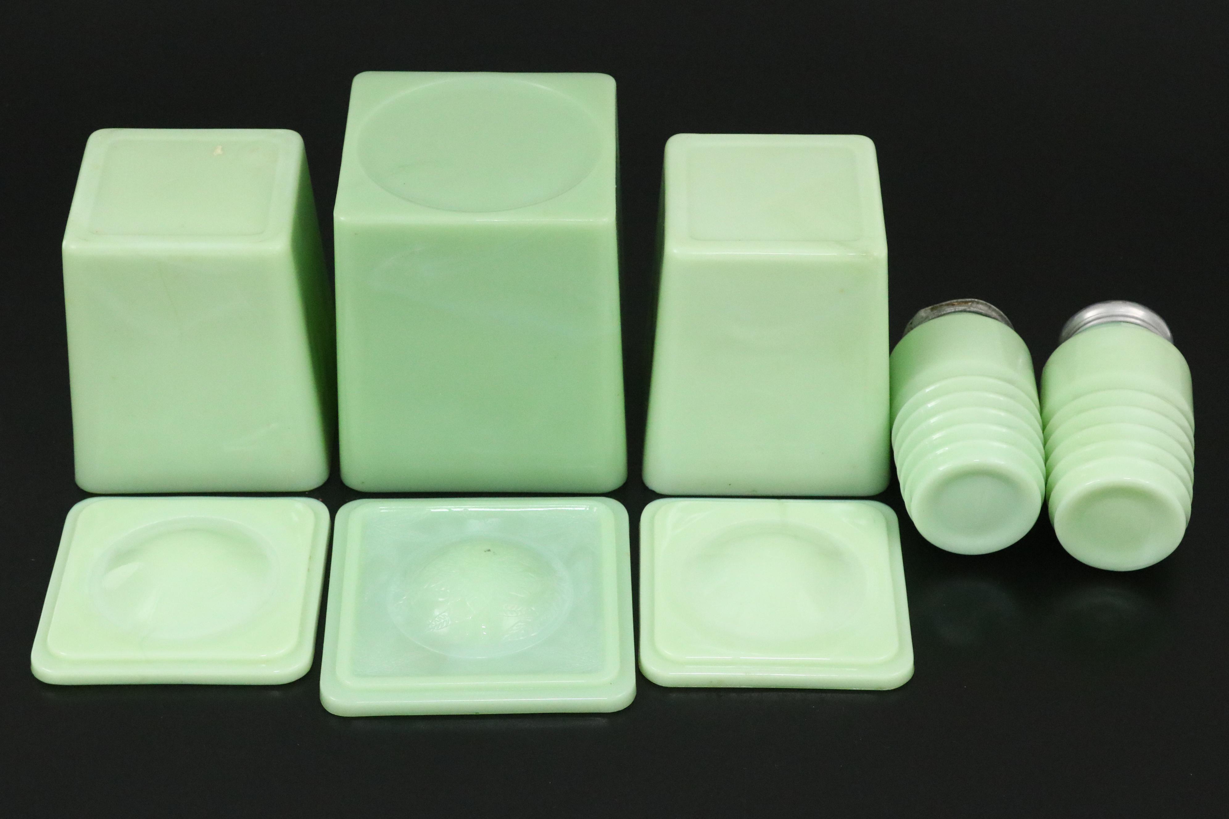 Jadeite Uranium Glass Canisters, Shakers and Refrigerator Jars