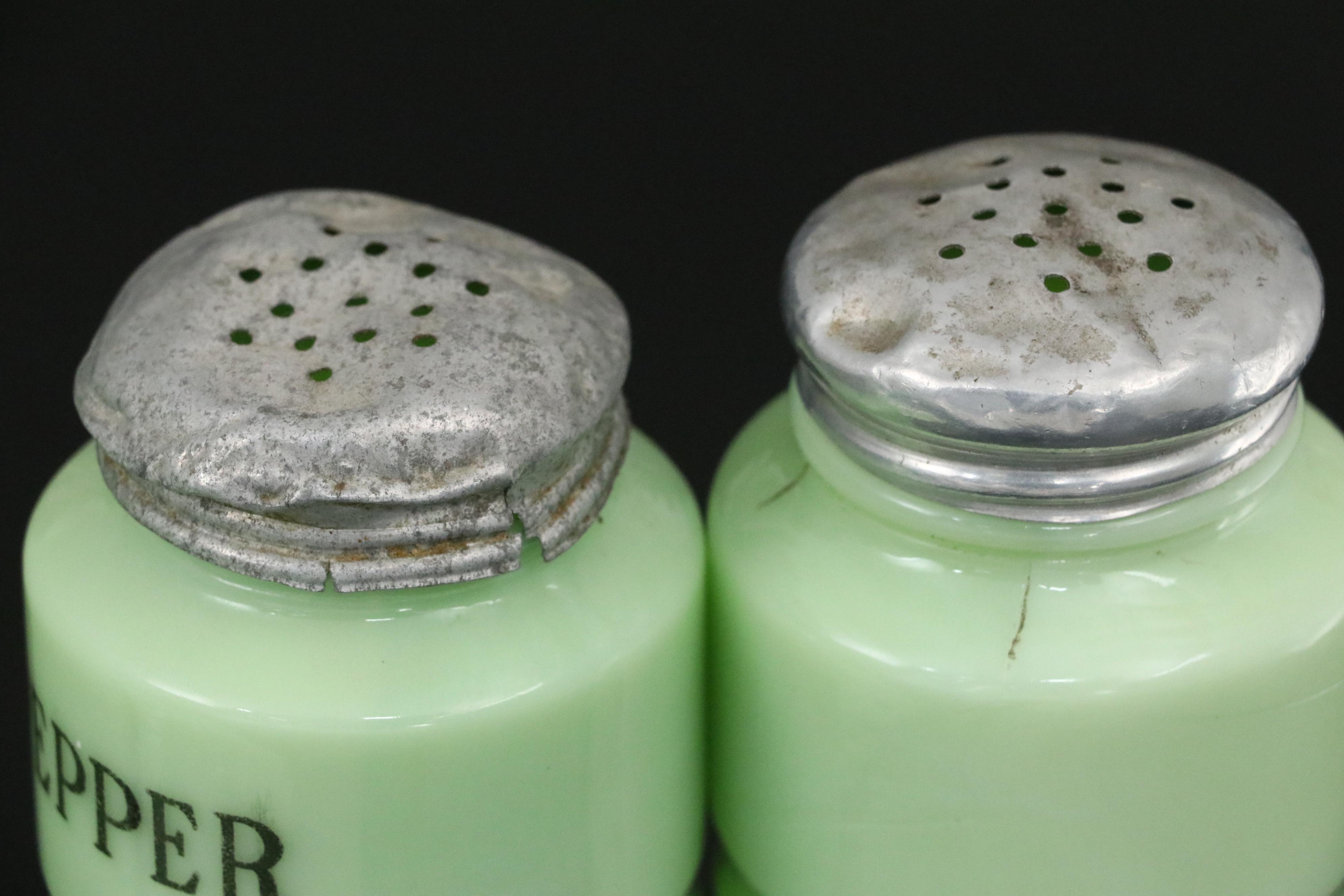 Jadeite Uranium Glass Canisters, Shakers and Refrigerator Jars