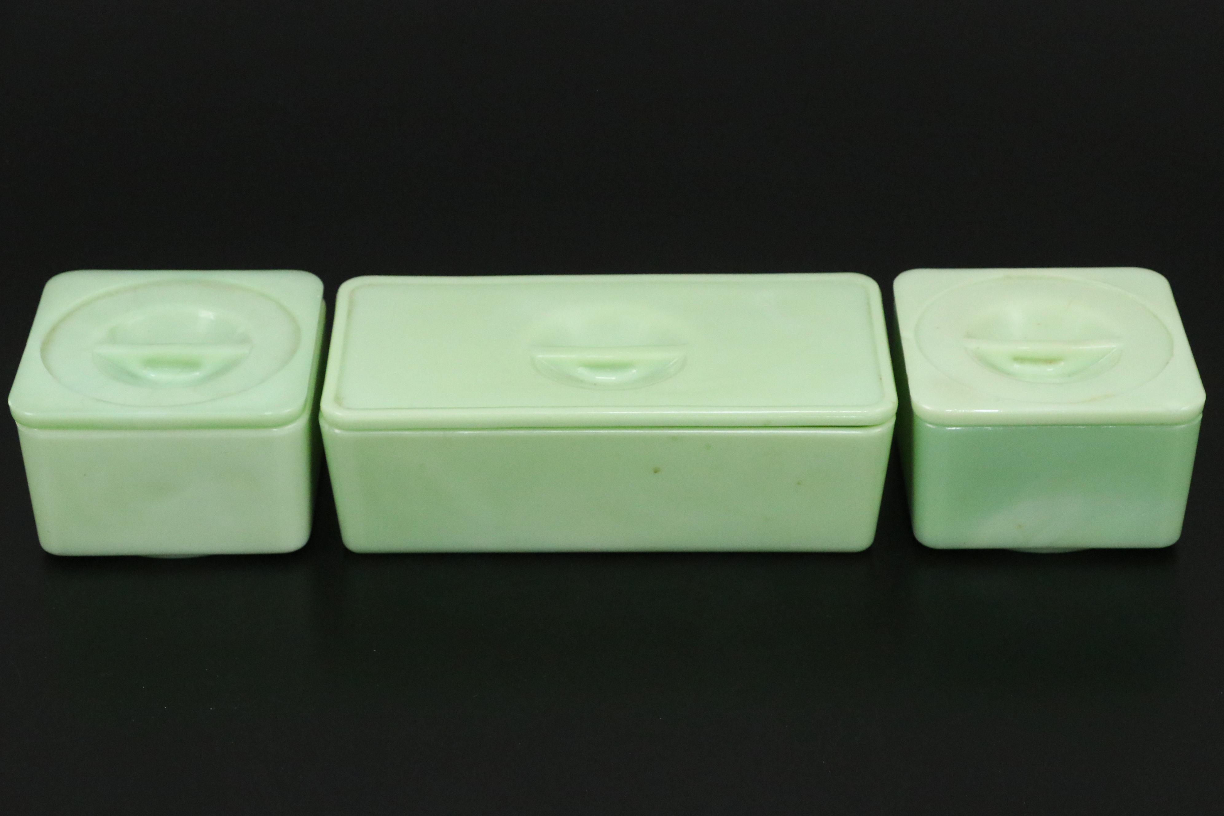 Jadeite Uranium Glass Canisters, Shakers and Refrigerator Jars
