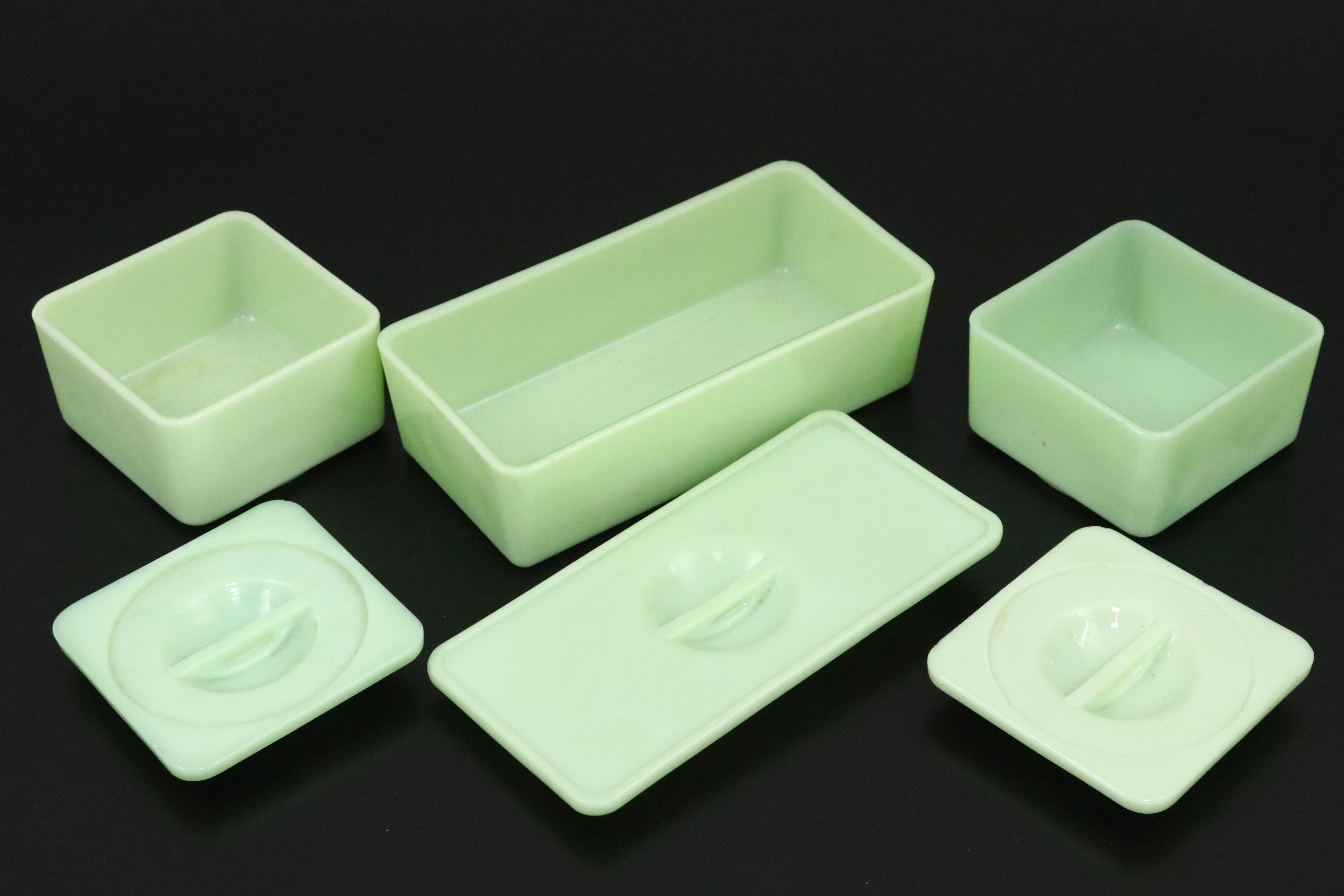 Jadeite Uranium Glass Canisters, Shakers and Refrigerator Jars