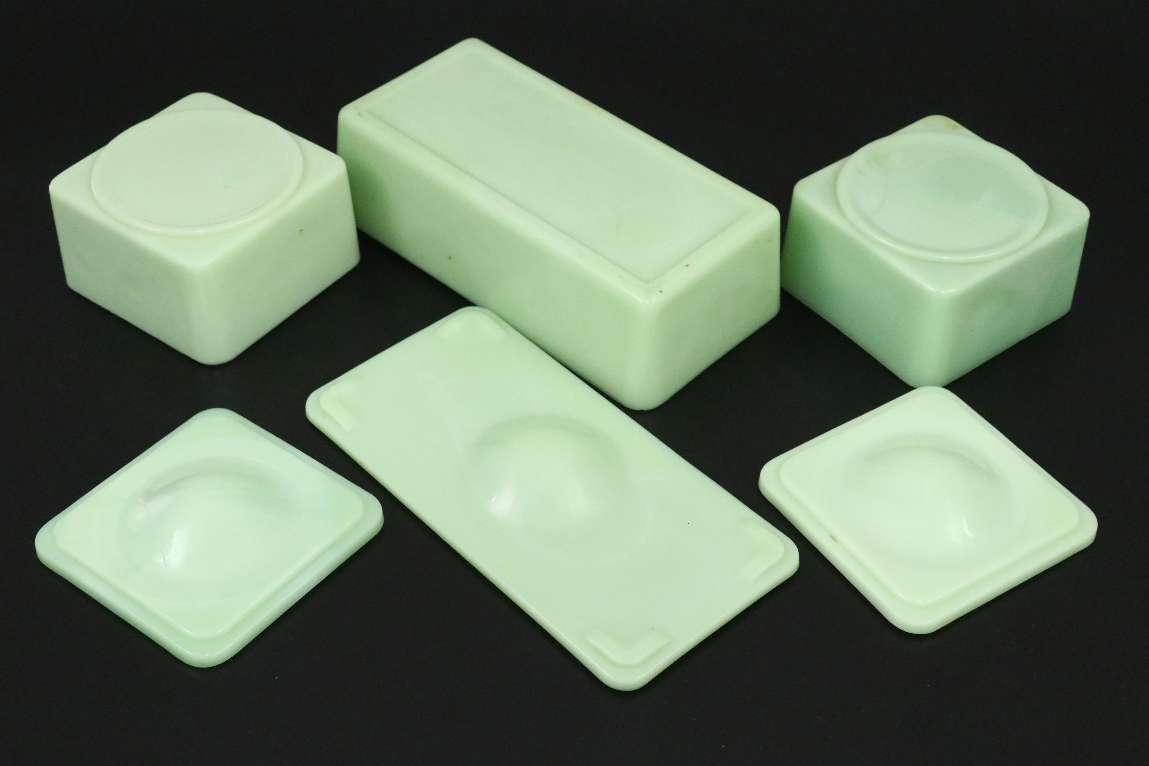 Jadeite Uranium Glass Canisters, Shakers and Refrigerator Jars