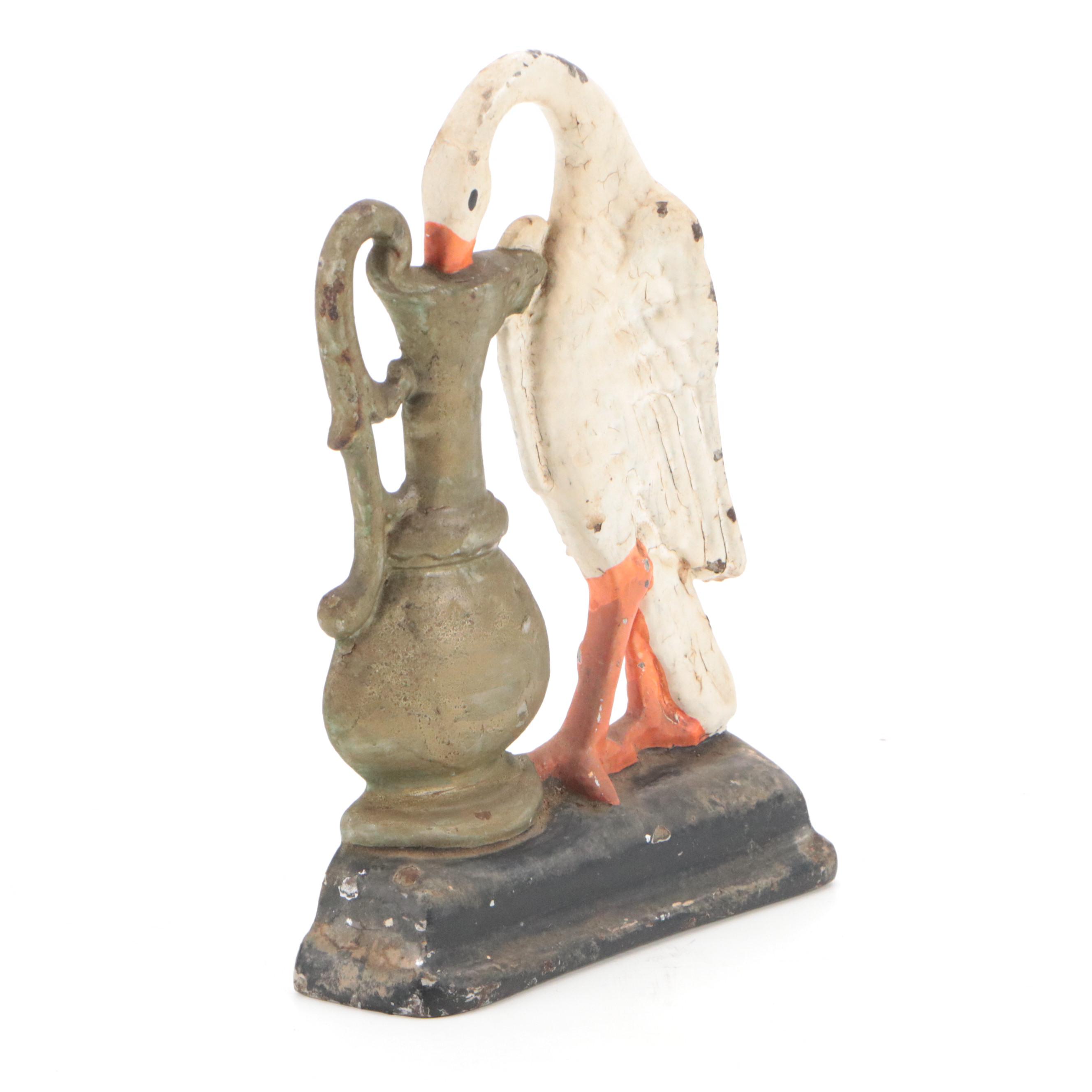 Painted Cast Iron Crane and Urn Doorstop, Early to Mid-20th Century