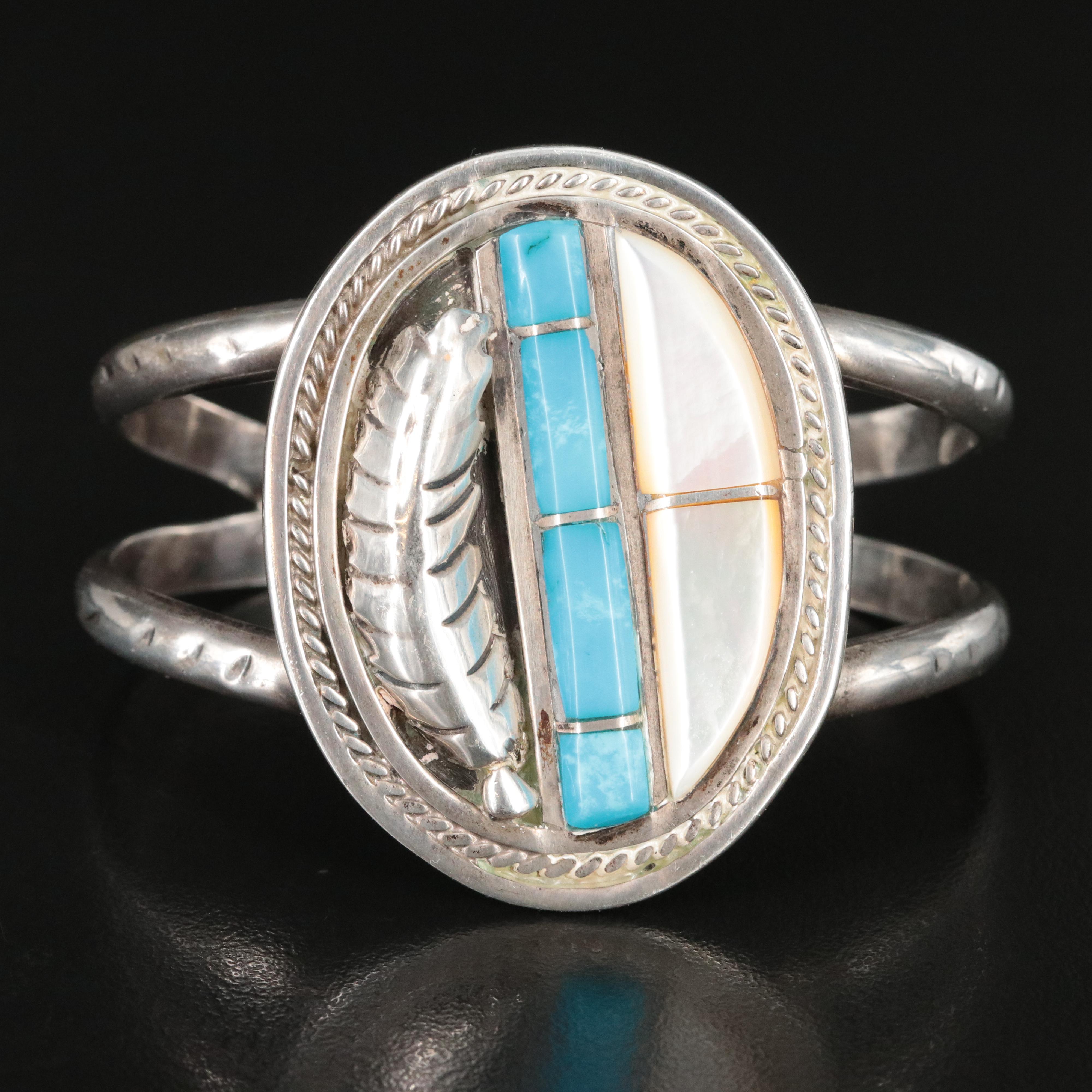 Gilbert Ortega Enterprises Sterling Turquoise and Mother-of-Pearl Cuff