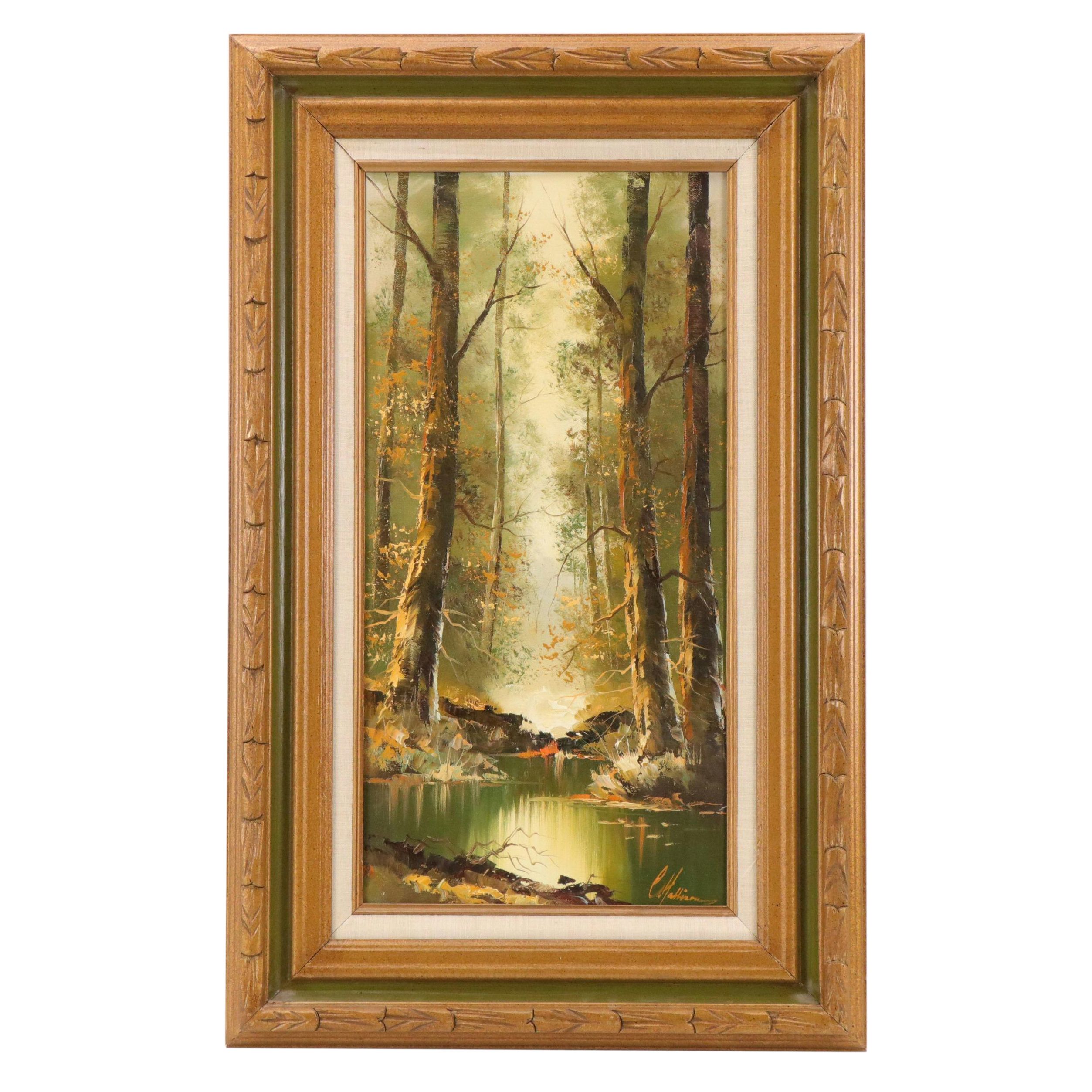 Woodland Interior Landscape with Creek Oil Painting, Circa 1970