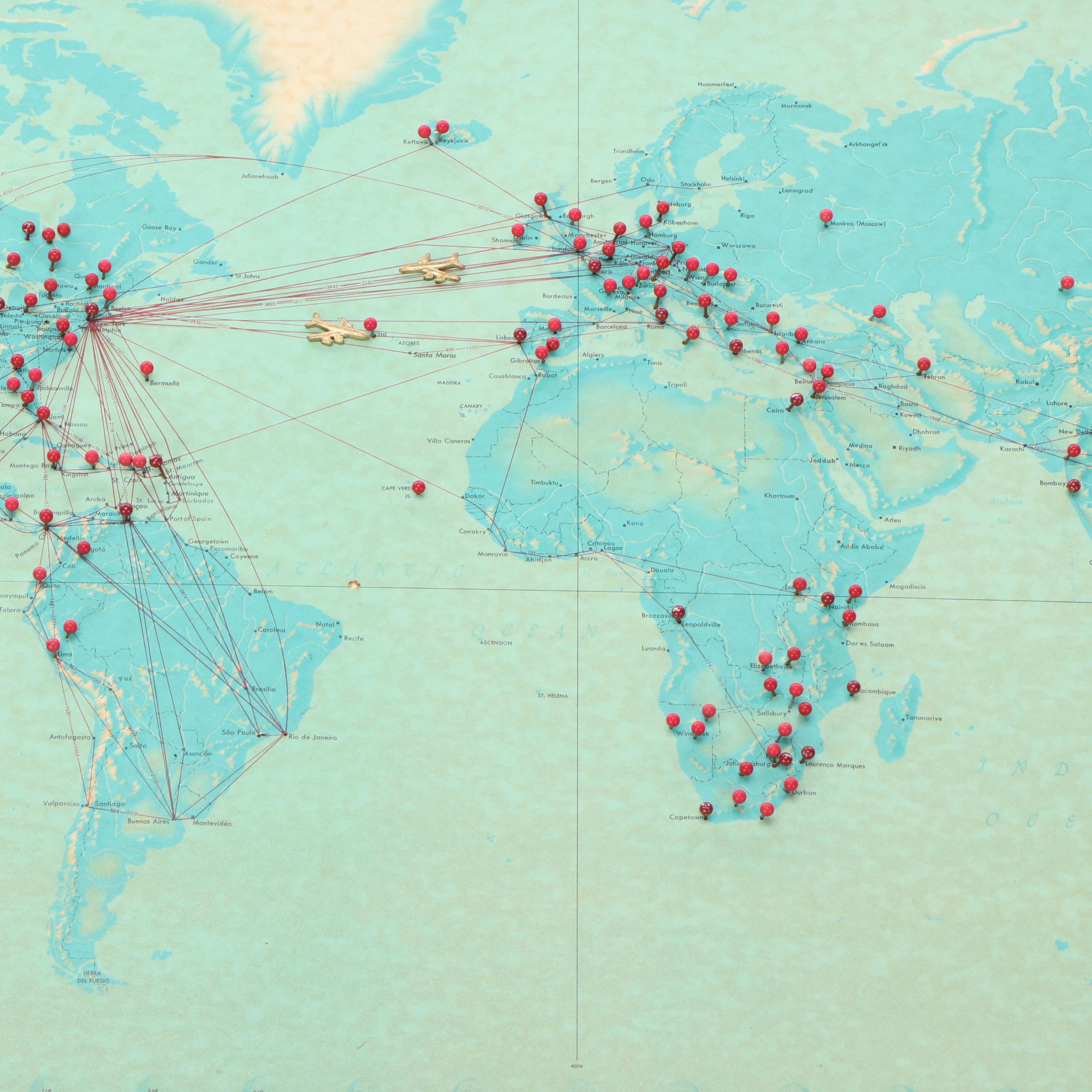 Pan American Airways System Pushpin Map, 1956