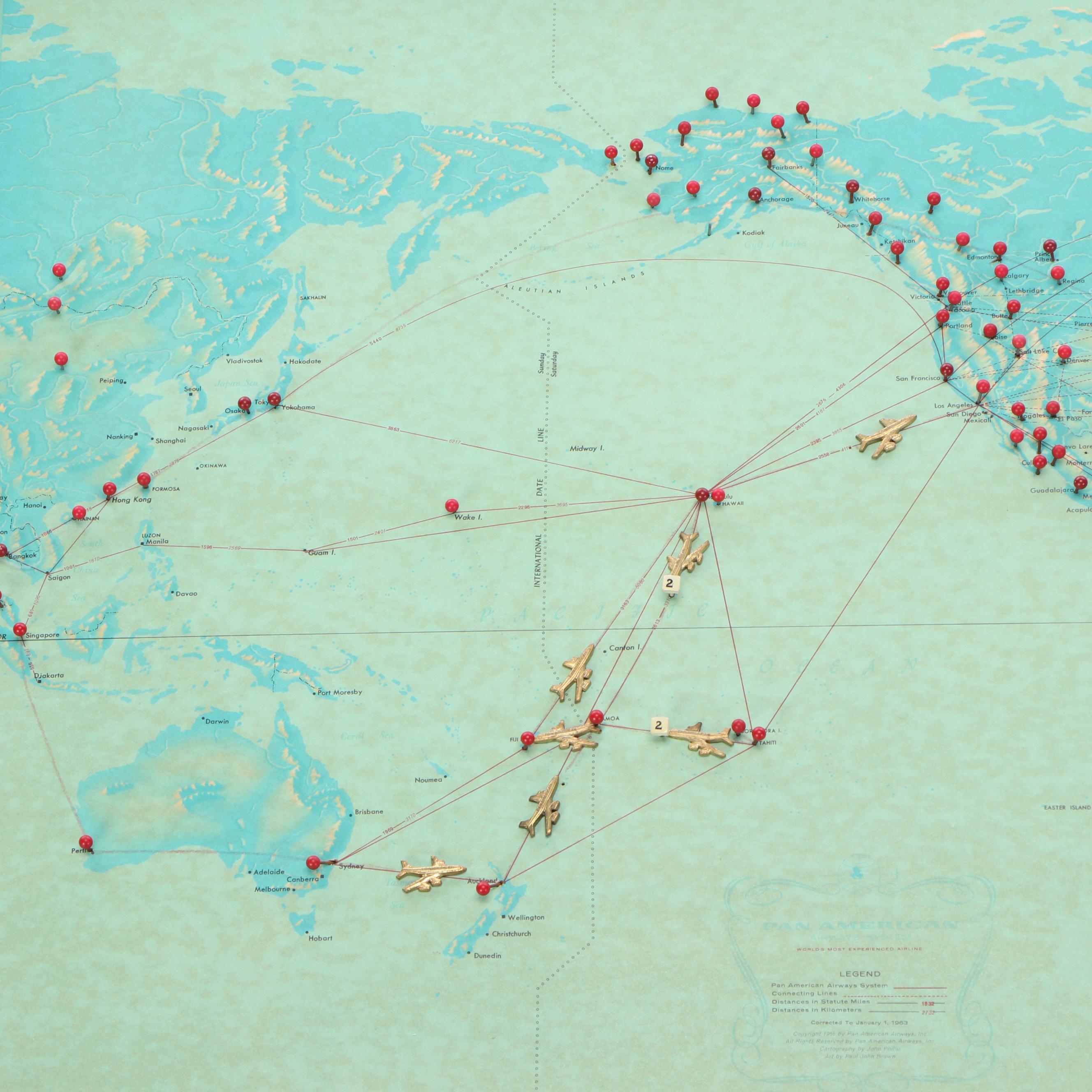 Pan American Airways System Pushpin Map, 1956