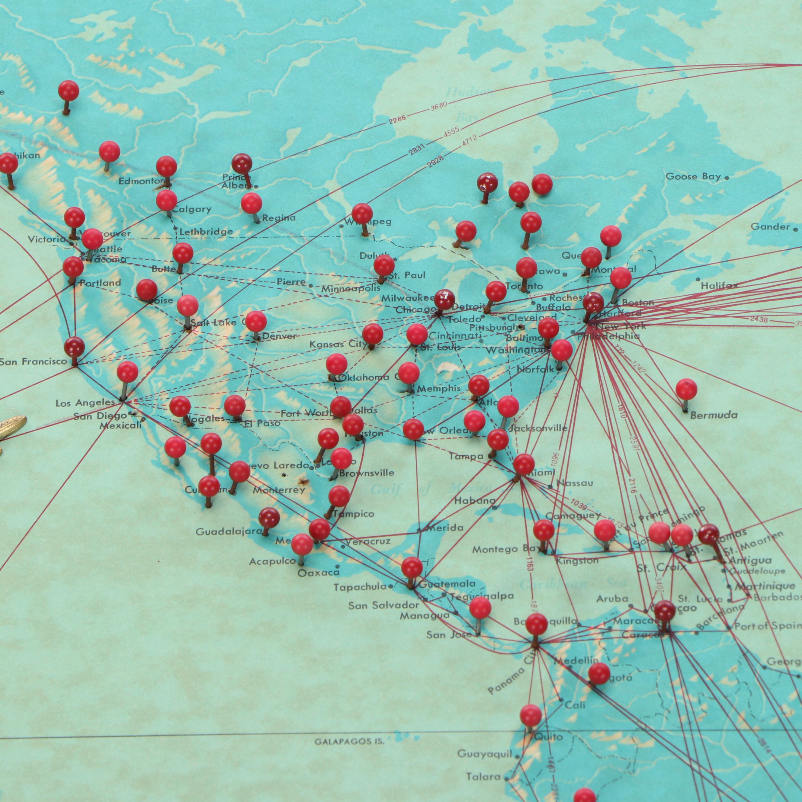 Pan American Airways System Pushpin Map, 1956