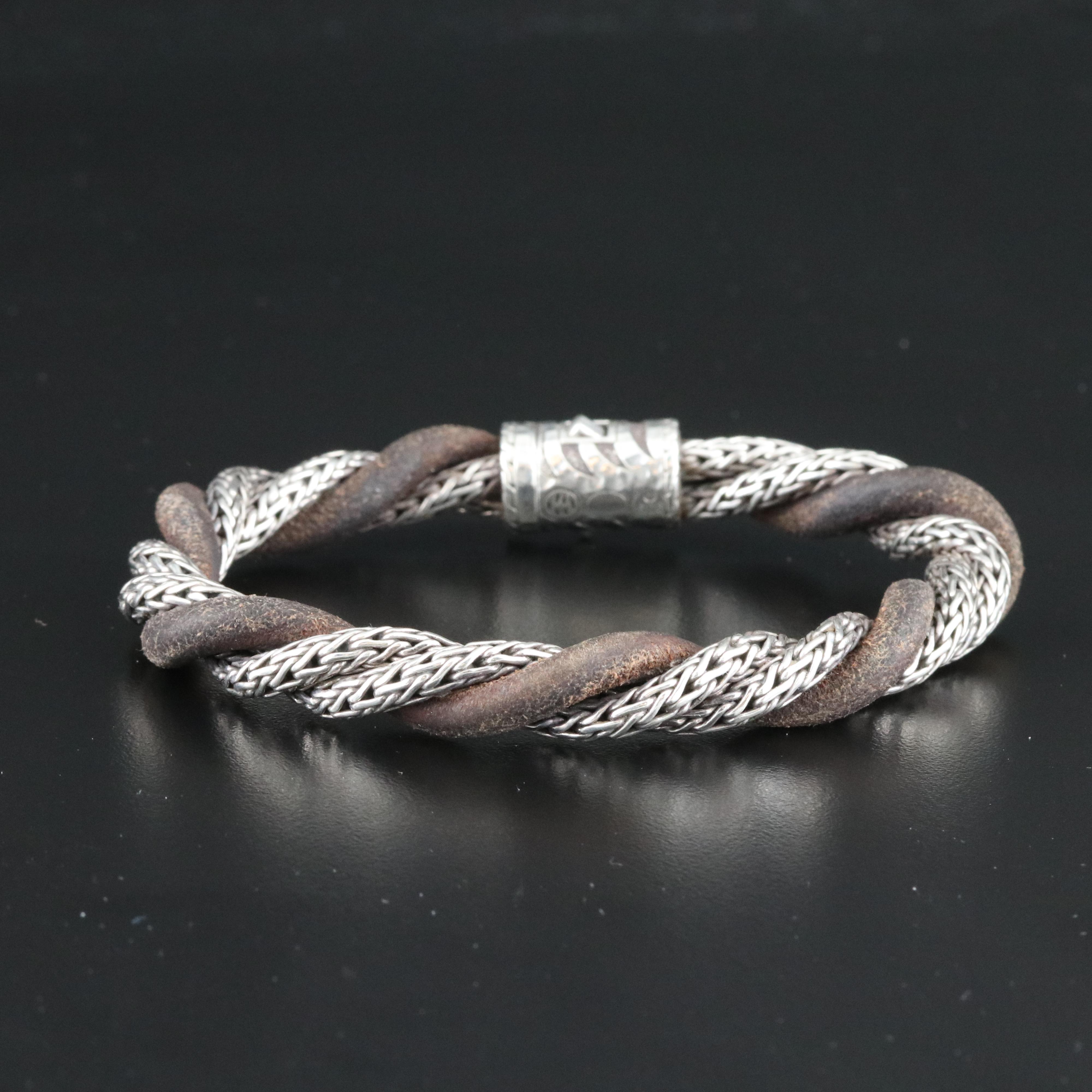 John Hardy Macan Sterling and Leather Twist Bracelet