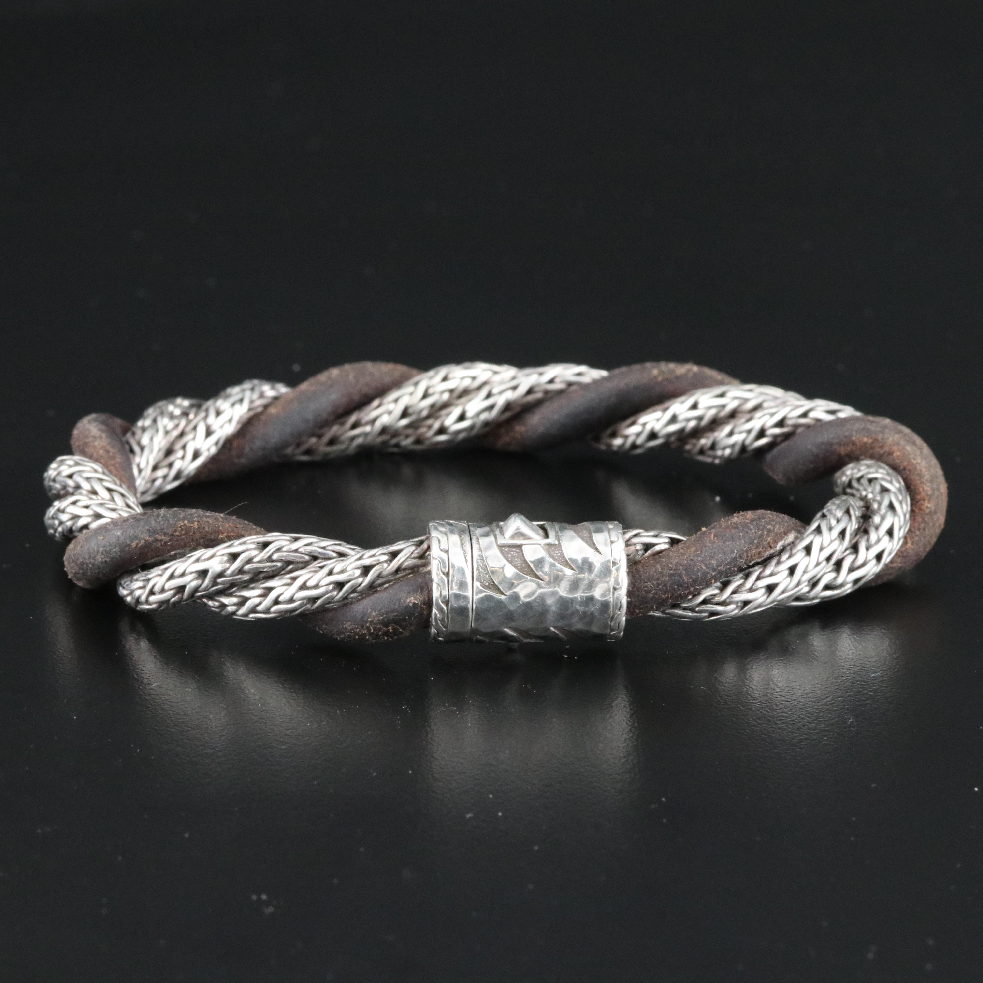 John Hardy Macan Sterling and Leather Twist Bracelet