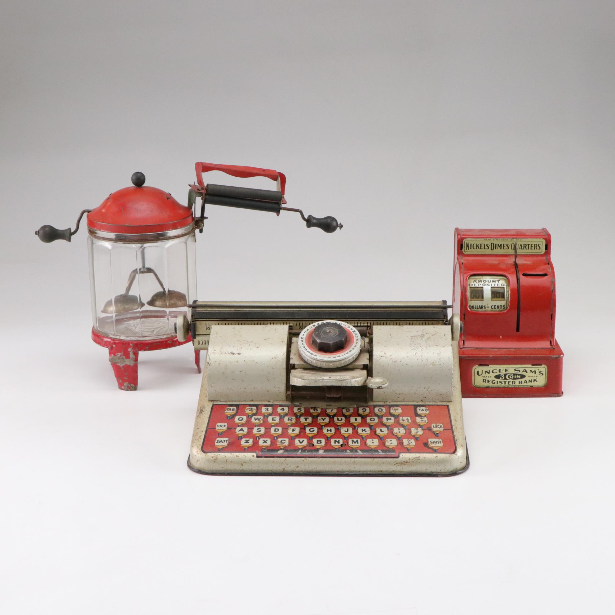 Berwin "Superior" Typewriter, Wolverine Washing Machine, and Durable 3-Coin Bank