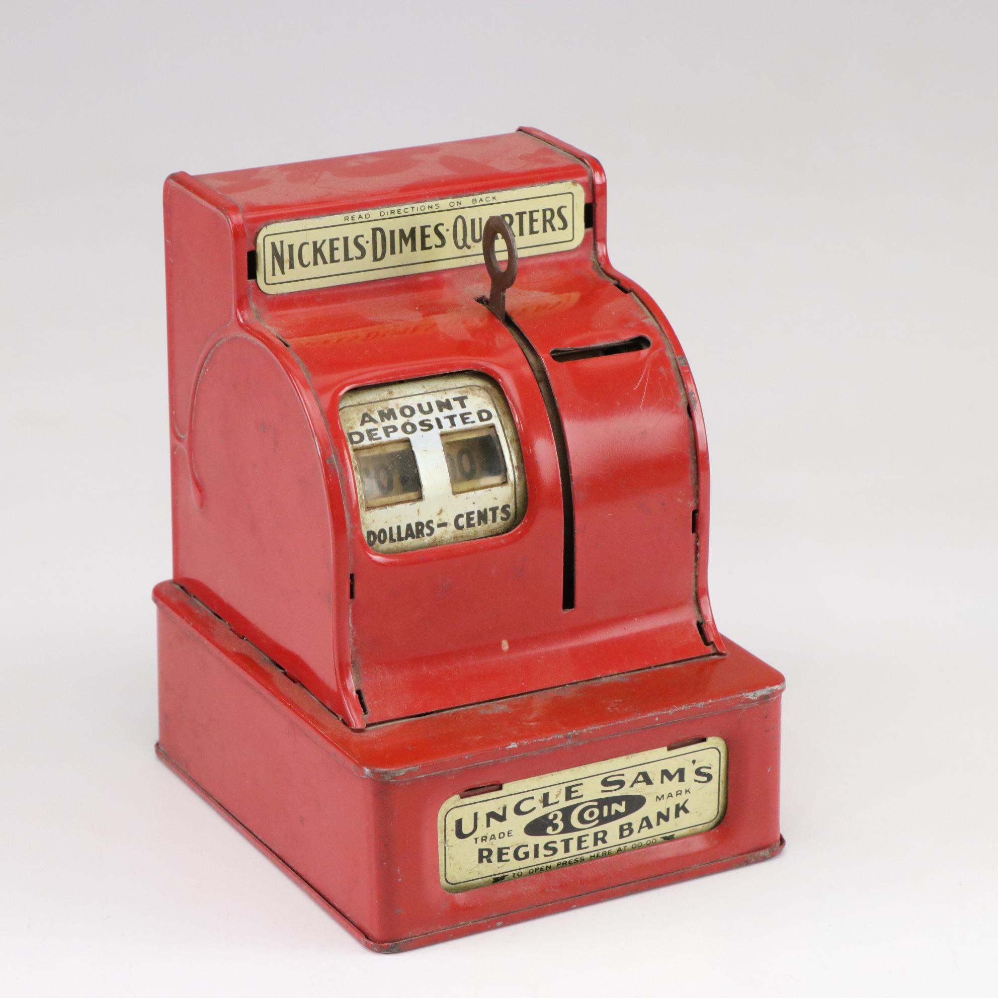 Berwin "Superior" Typewriter, Wolverine Washing Machine, and Durable 3-Coin Bank