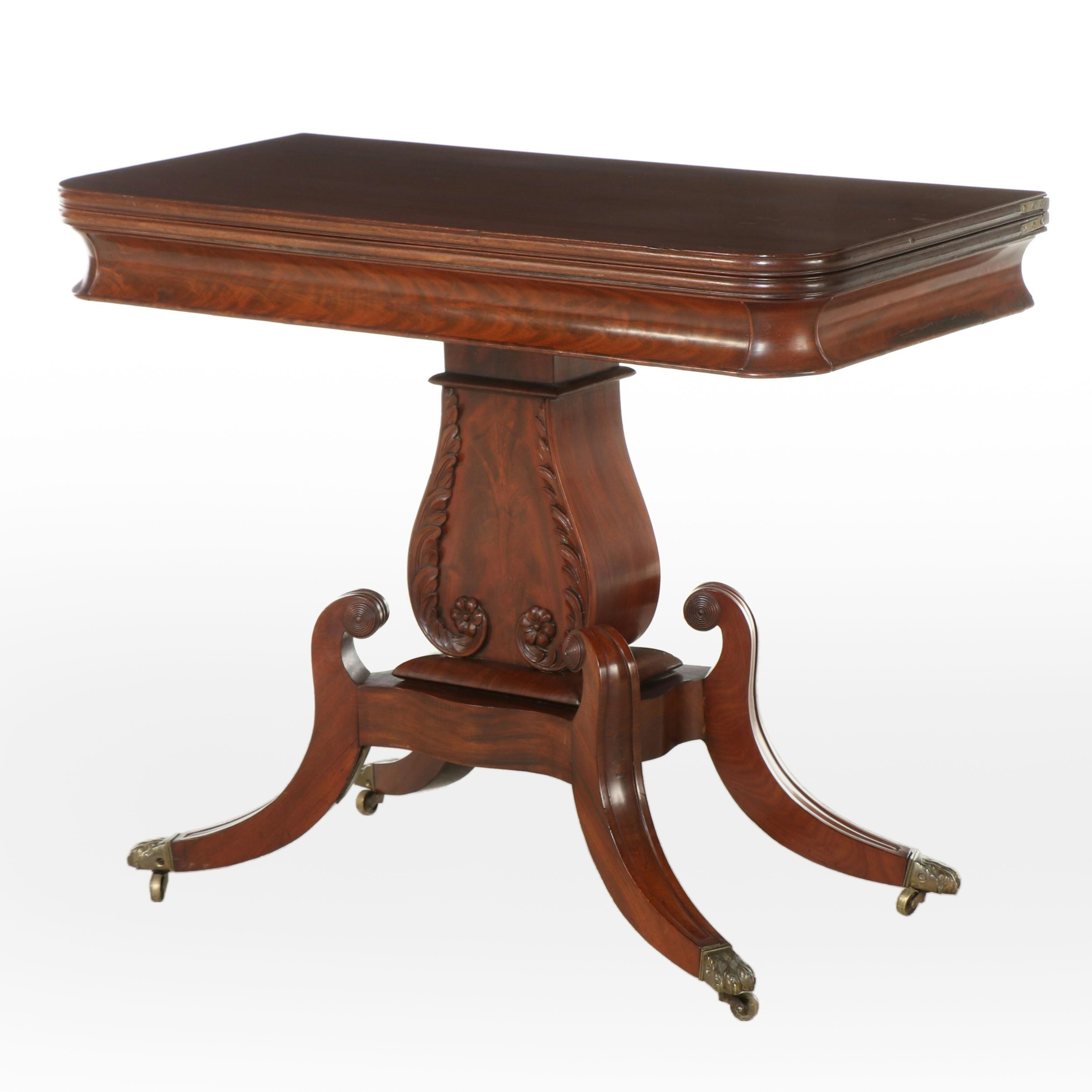 American Classical Carved and Flame Mahogany Games Table, Early 19th Century