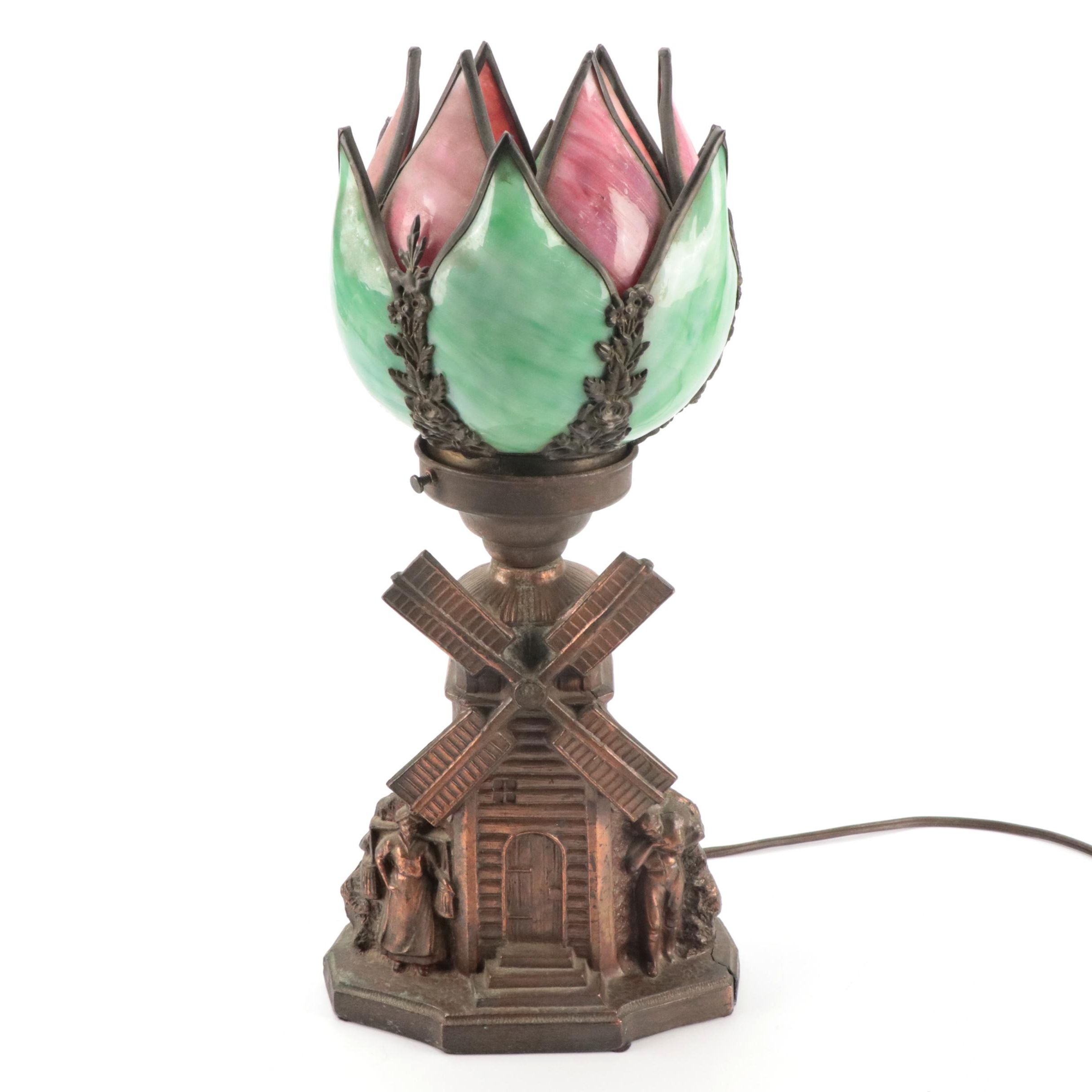 Brass-Finished Windmill Lamp Base with Slag Glass Double Tulip Shade